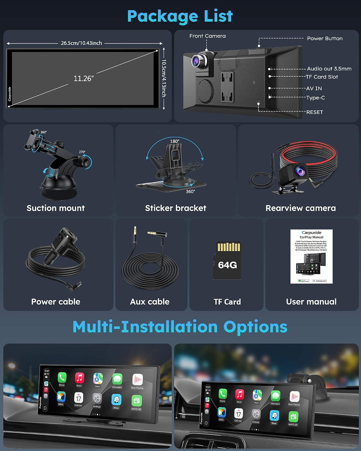 Carpuride 125PLUS CarPlay Screen for Car with AI Gemini & Download APPs, 11.26" Wireless Car Play Android Auto with Front & Backup Camera, Built-in GPS for Online and Offline Nav, Split Screen, OTA