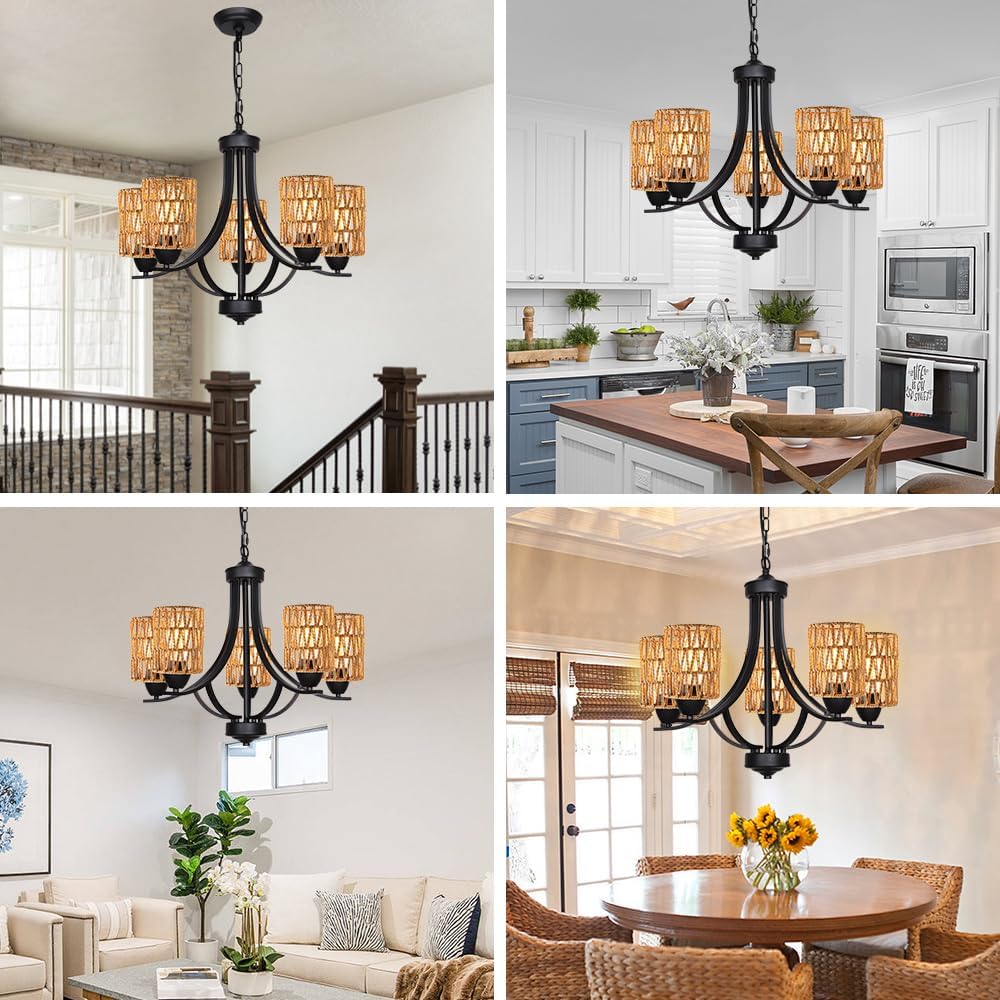 Farmhouse Chandelier 5-Lights Hand Woven Rattan Pendant Light Fixture, Vintage Black Kitchen Island Lighting for