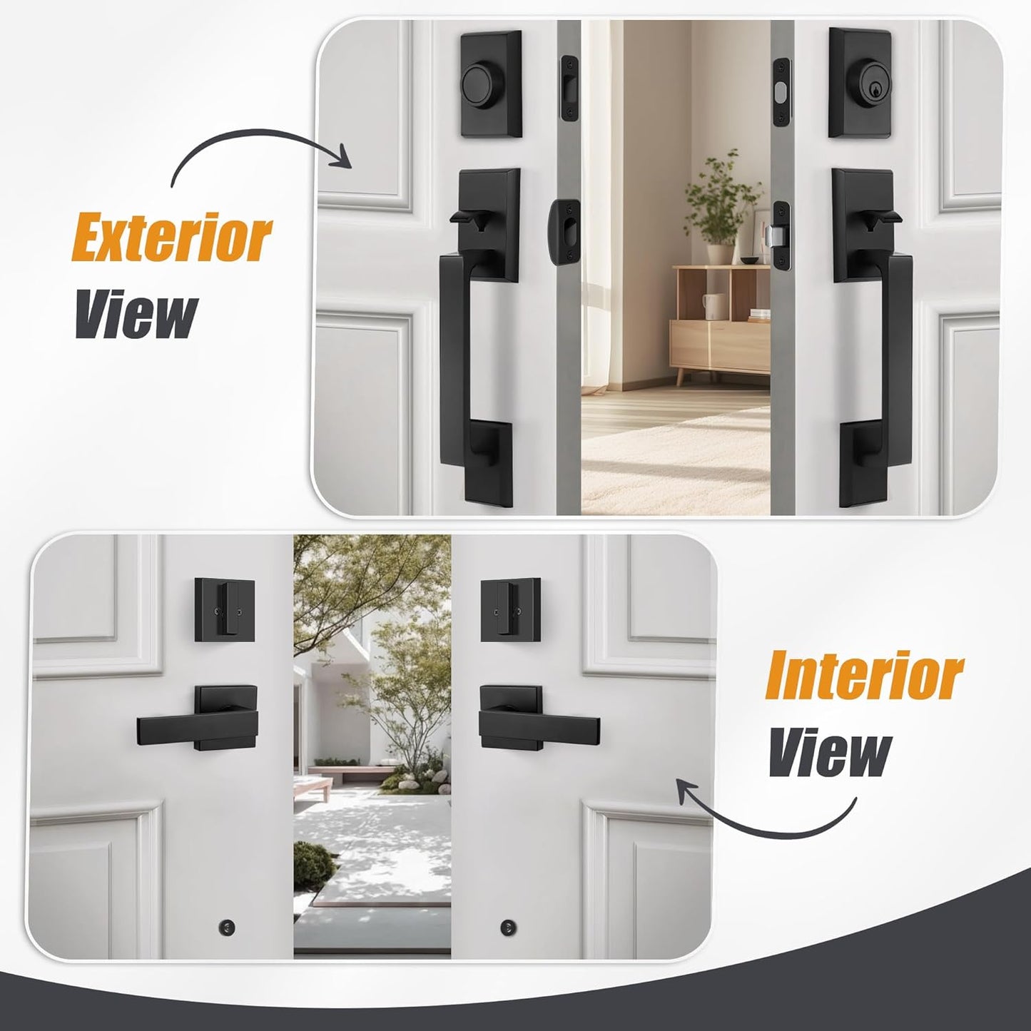 Double Front Door Lock Set, Square Heavy Duty Double Door Handle with Dummy, Handleset with Deadbolt, Black