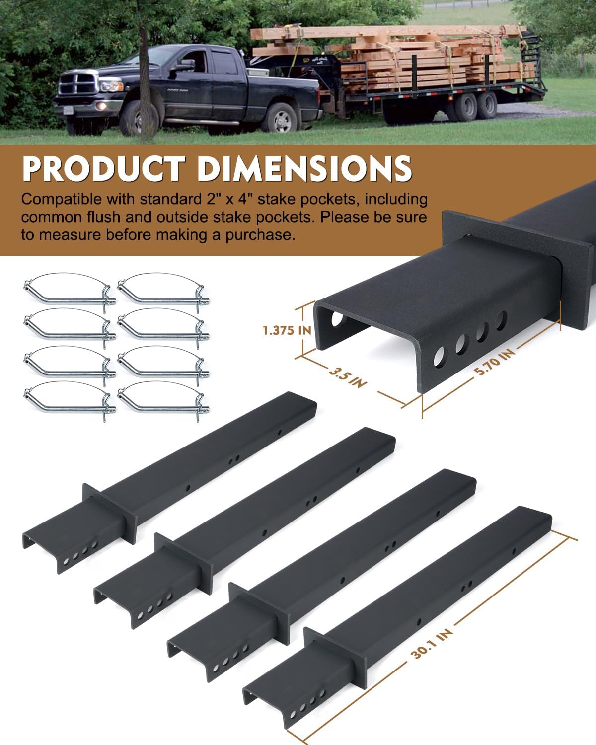 30" Adjustable C Channel Pipe Stake with Anti-Loss Cord, Heavy-Duty Steel Trailer Stake with 4 Adjustable Holes for Flatbed Trailer Hauler, 4 Pack