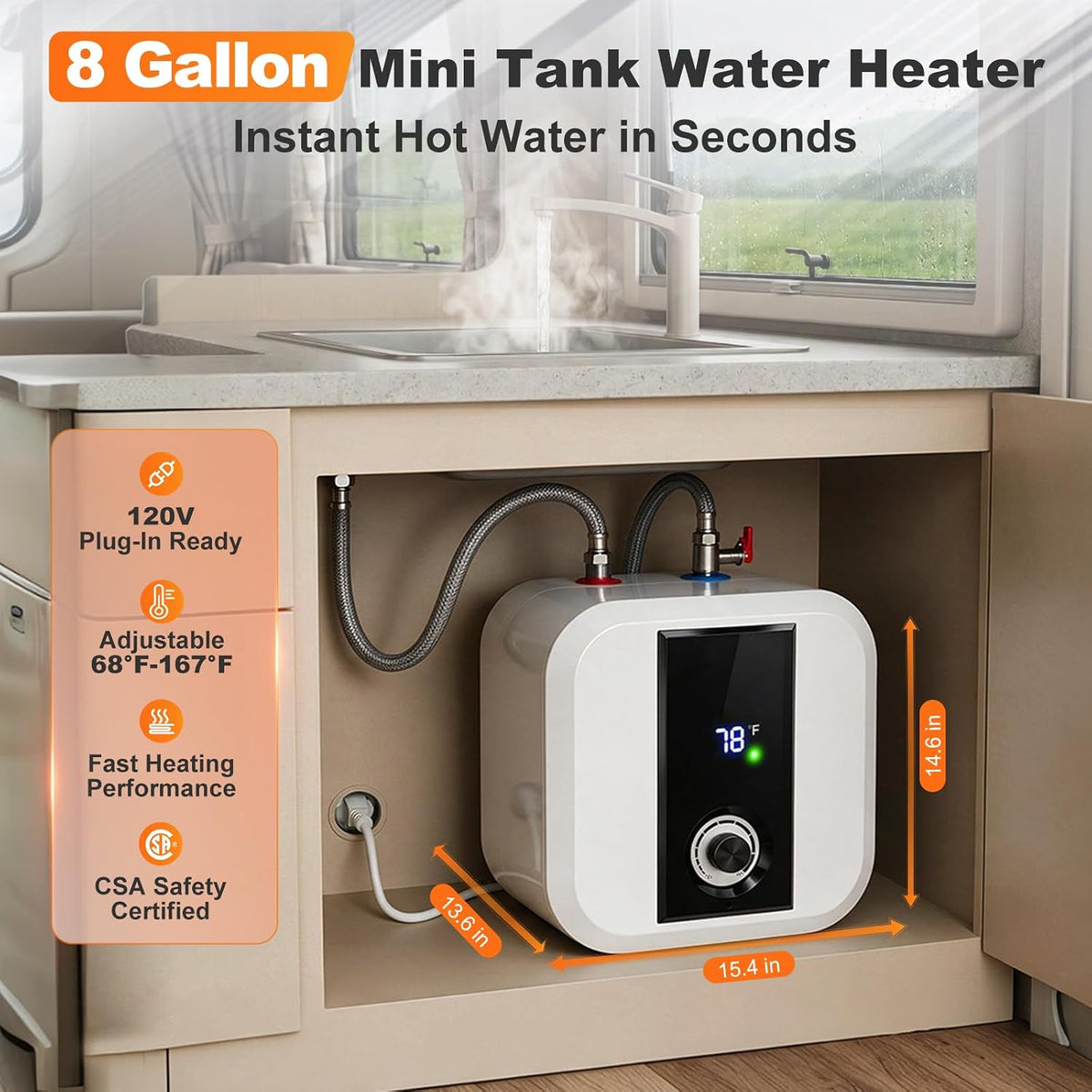 30L Under-Sink Water Heater, 8-Gal Electric Tank Water Heater