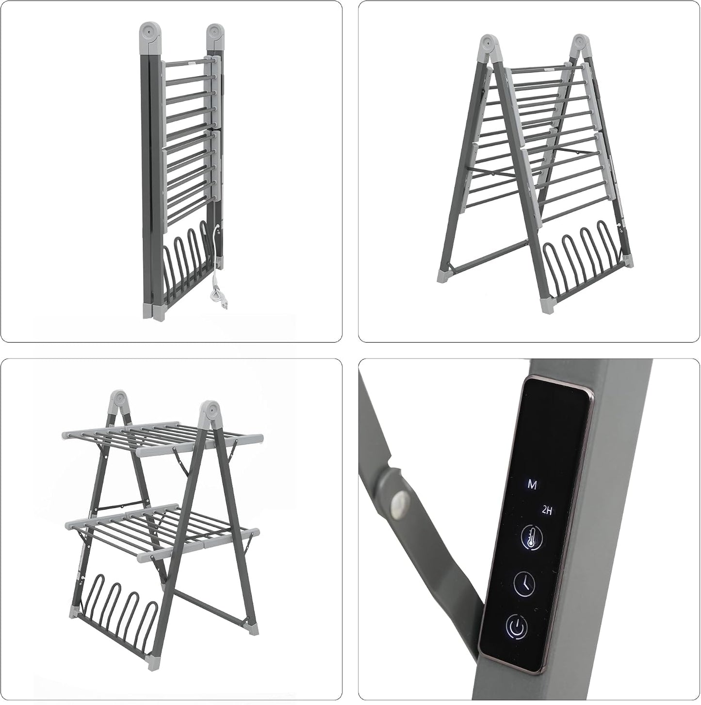 Electric Heated Clothes Drying Rack,Foldable Heated Garment Dryer with Timer Shut-Off Laundry Rack for Clothes Shoes Socks,Aluminum Alloy,Space Gray,Plug & Play,(39.37x25.98x23.82in)