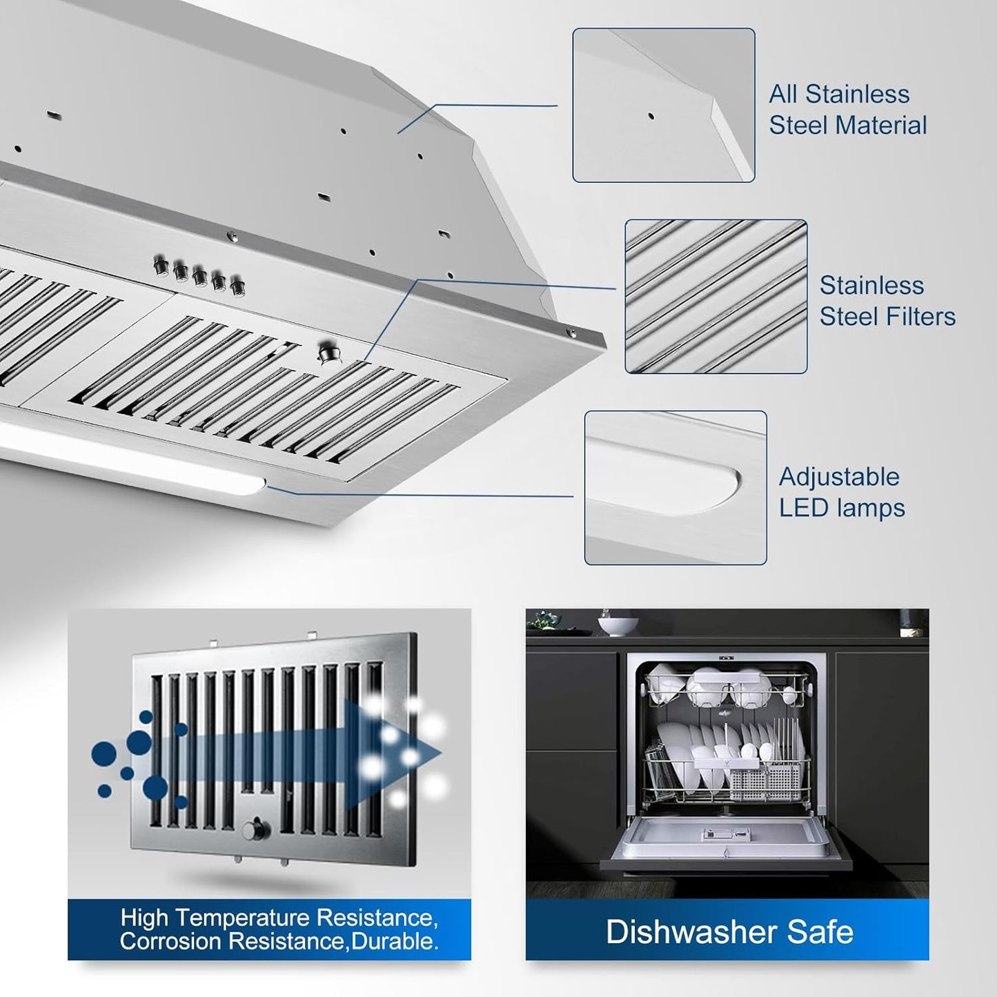 AMZCHEF Range Hood Insert 30 Inch, Stainless Steel Range Hood 900 CFM, Built-in Vent Hood with 3-Speed Exhaust Fan Button Control LED Light Strip