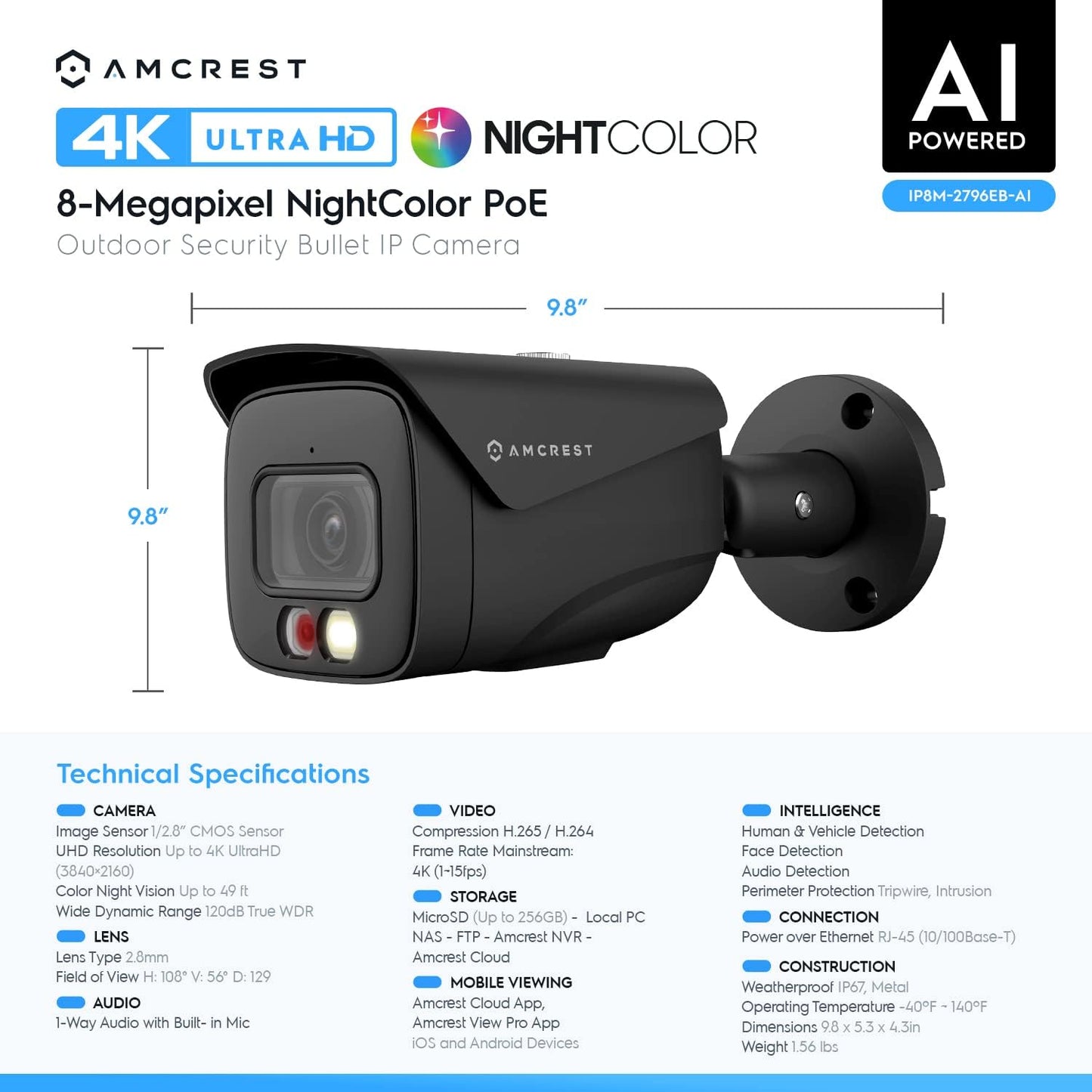 4K Security Camera System, 4K 8CH PoE NVR, (4) x 4K Night Color Bullet POE IP Cameras, Active Deterrent