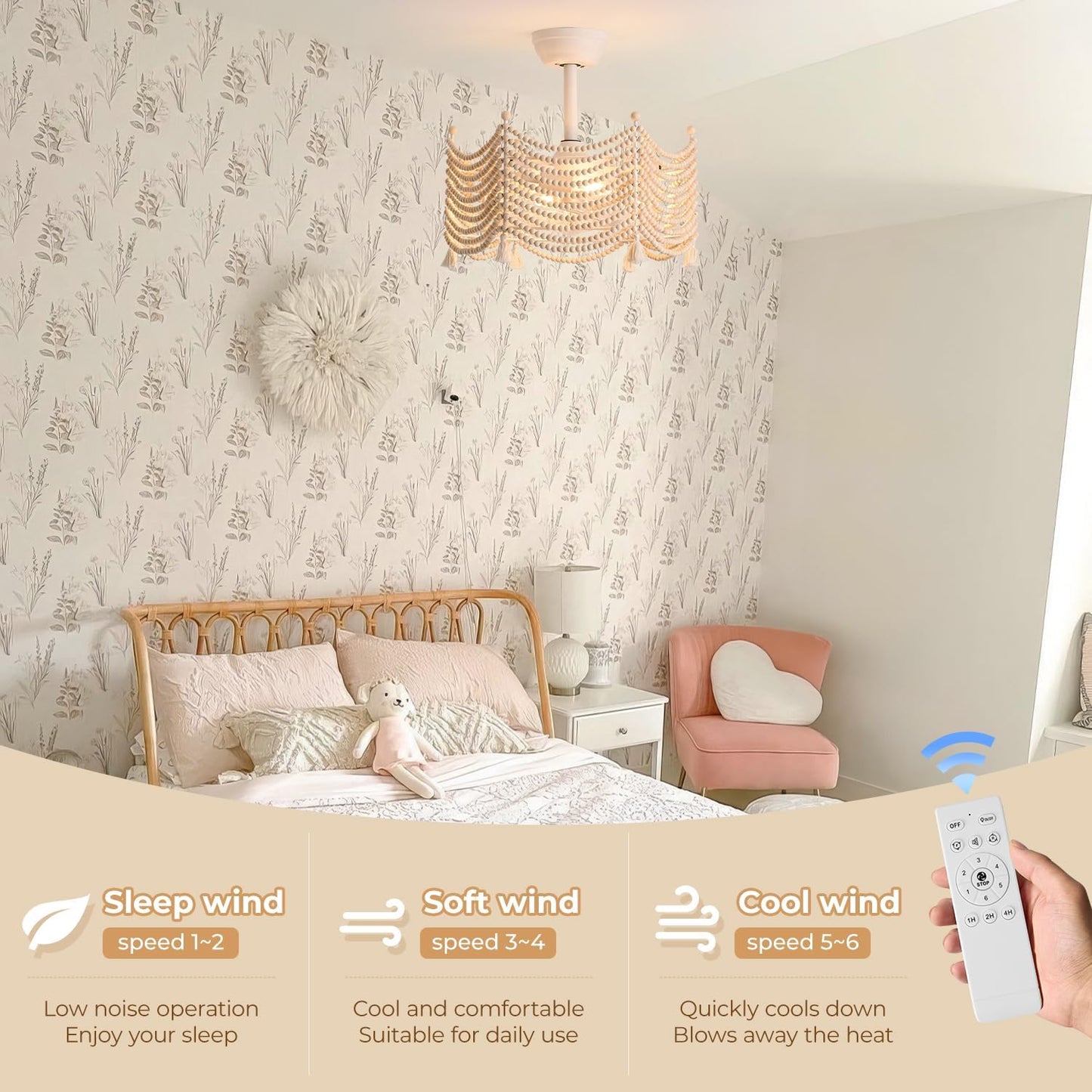 shitougu 20 Inch Boho Ceiling Fan with Light, Coastal Caged Ceiling Fans with Lights and Remote Control, Wooden Beads with 6 Speeds for Dining Room,