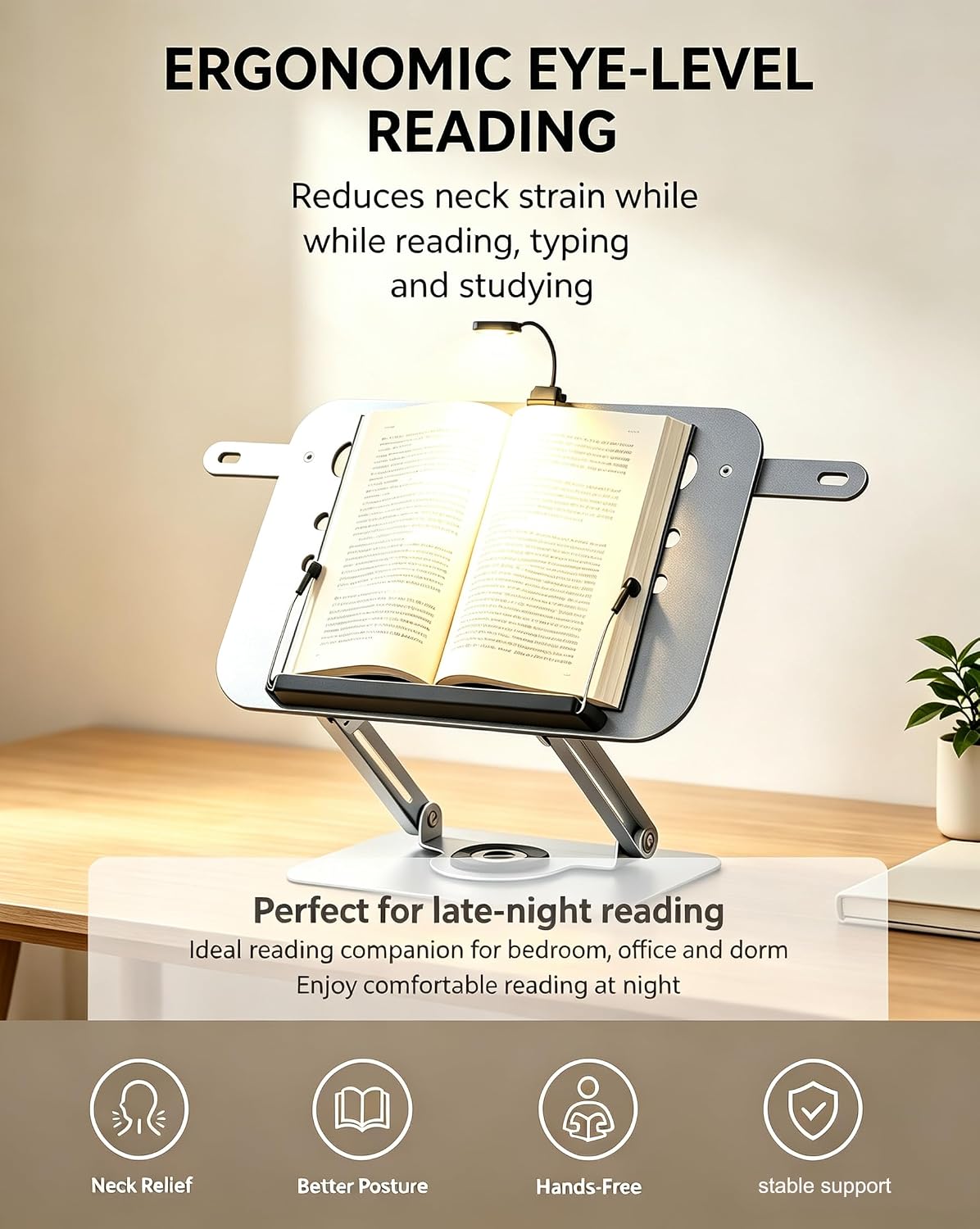 Book Holders for Reading Hands Free, 360° Metal Stand for Cookbook Sheet Music Typing