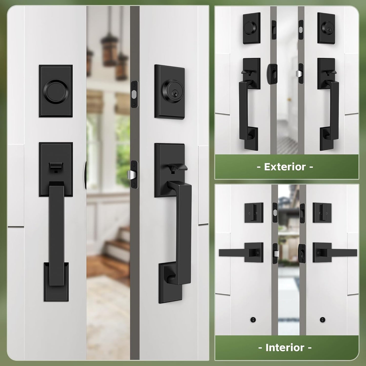 Double Front Door Lock Set, Matte Black Square Front Door Hardware Set, Heavy Duty Door Handle