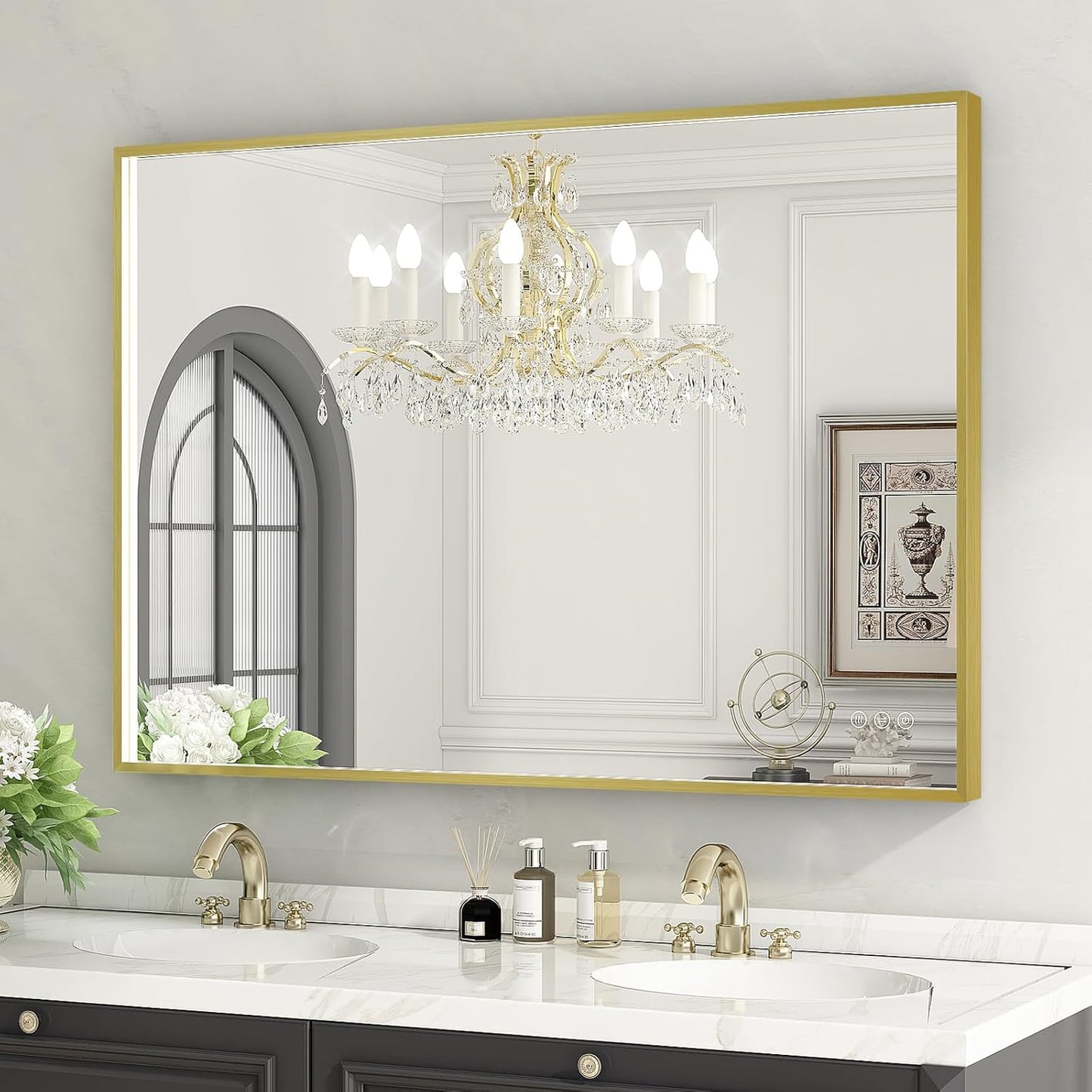 LED Bathroom Mirror with Gold Framed 28X40 Inch, LED Mirror for Bathroom with Anti-Fog, Stepless Dimmable