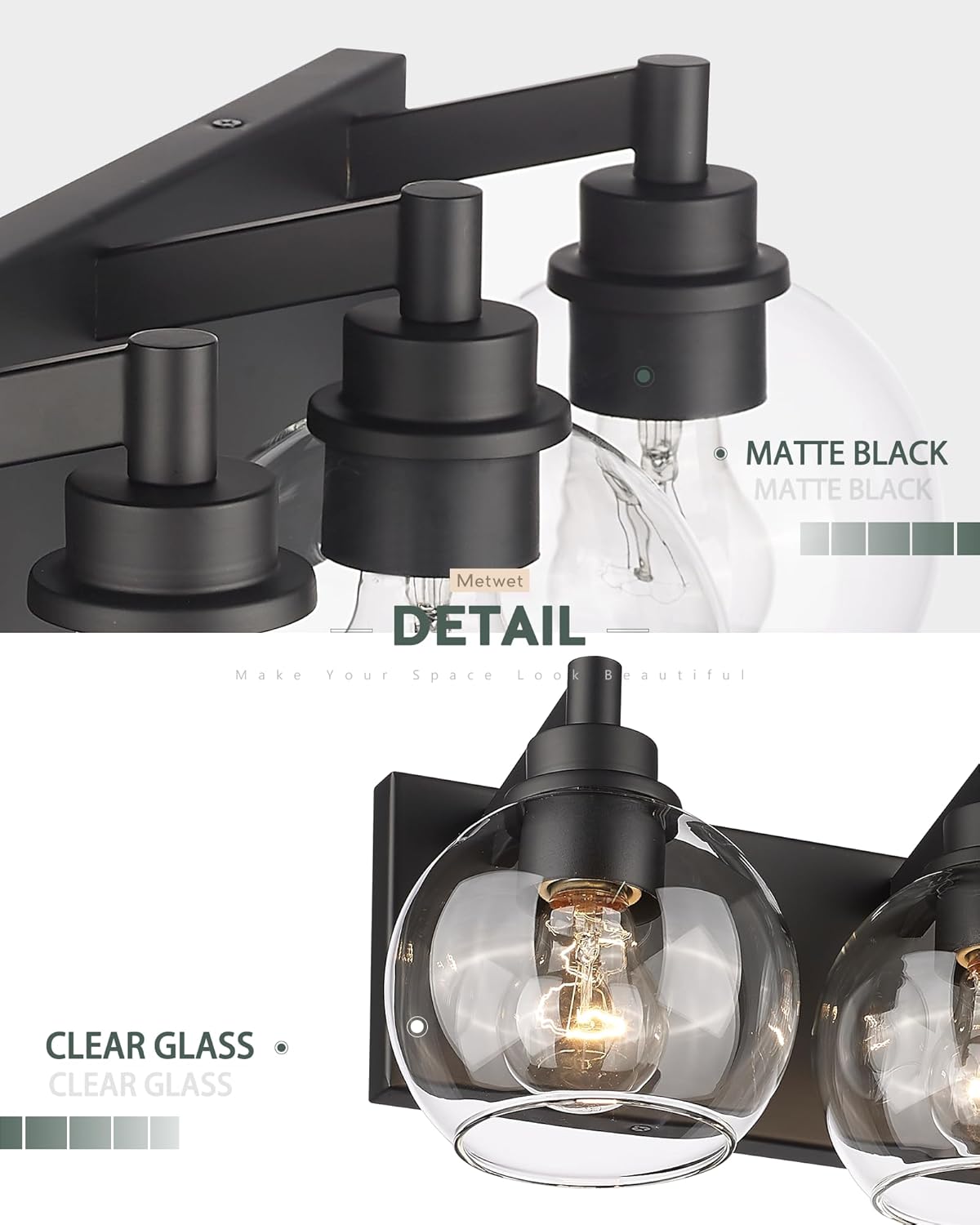 METWET Bathroom Light Fixtures, 3-Light Matte Black Vanity Light