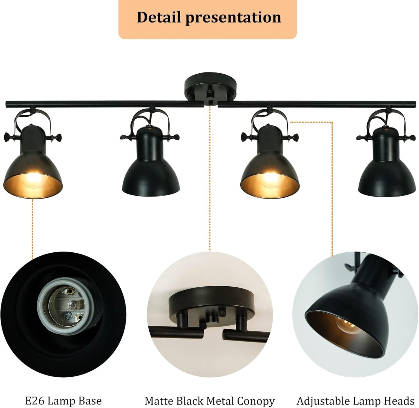 Auffel Track Lighting Fixtures Ceiling Black Kitchen Light Fixtures for Hallway Ceiling Light with 4-Lights Adjustable Track Light Vintage Wall Lamp