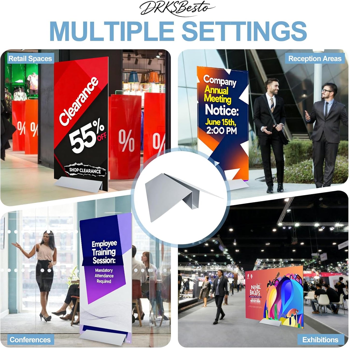 2-Pack Metal Floor Sign Stand Holders with Adjustable Foam Board Stand Base. Fits signs 0.25"–1.5" thick, up to 72" tall. Compatible with foam board & acrylic glass. Base only.