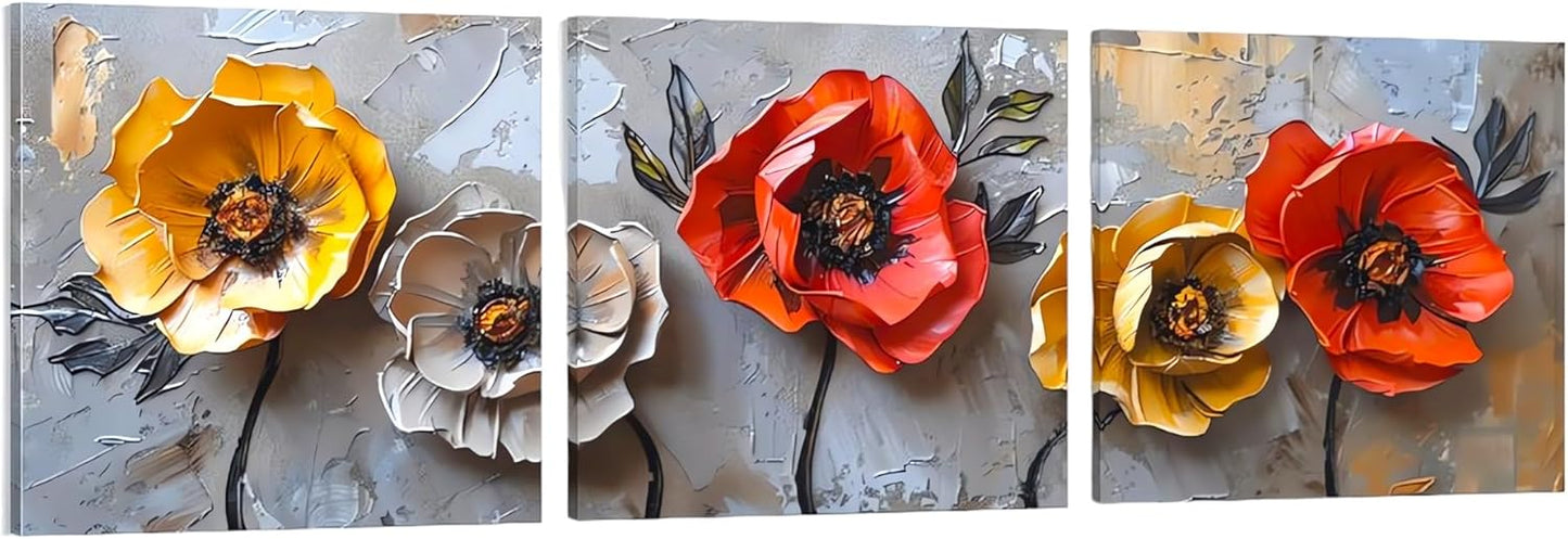 SSRTK Large Living Room Textured Wall Art Poppy Painting 3 Piece Set Canvas Flower Wall Decor for Women's Room Modern Home Bedroom Oil Painting
