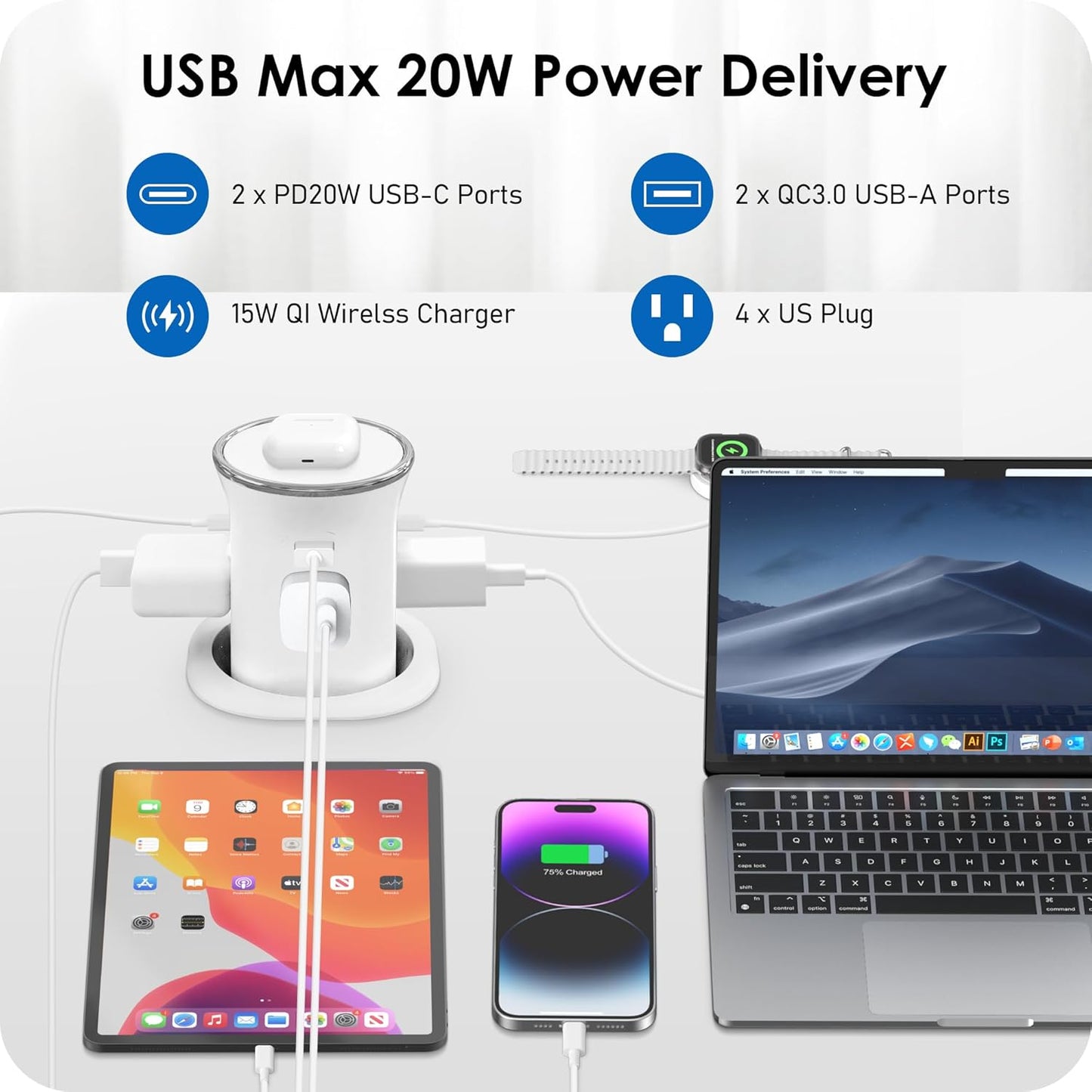 ANNQUAN Motorized Pop Up Countertop Receptacle with 15W Wireless Charger,Max 20W Power Delivery,3.15" Automatic Pop Up Electrical Outlet wi
