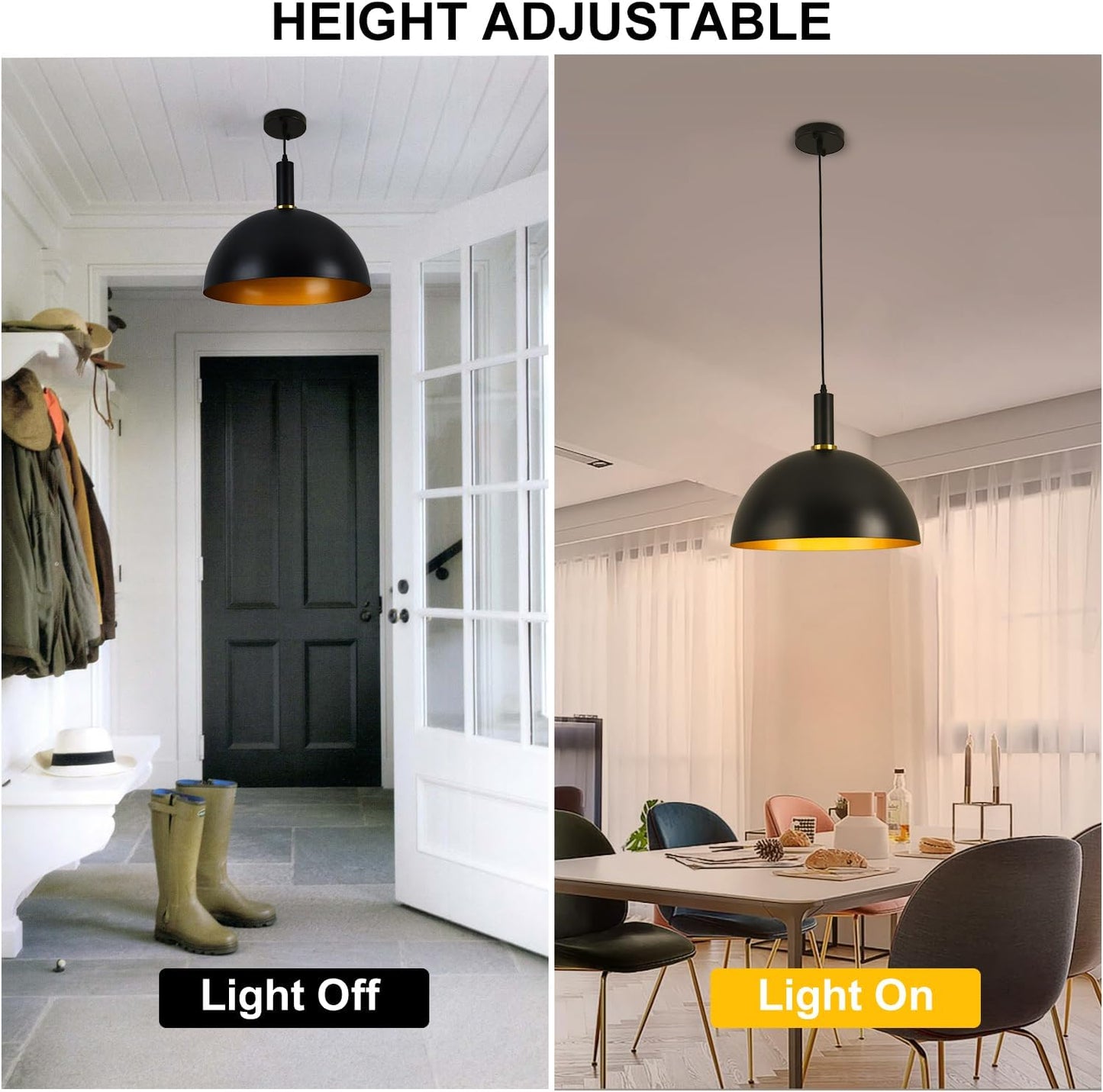 GRUSTRUST 16" Vintage Industrial Dome Pendant Light Black and Gold Large Pendant Lights Kitchen Island Modern Farmhouse Adjustable Hanging