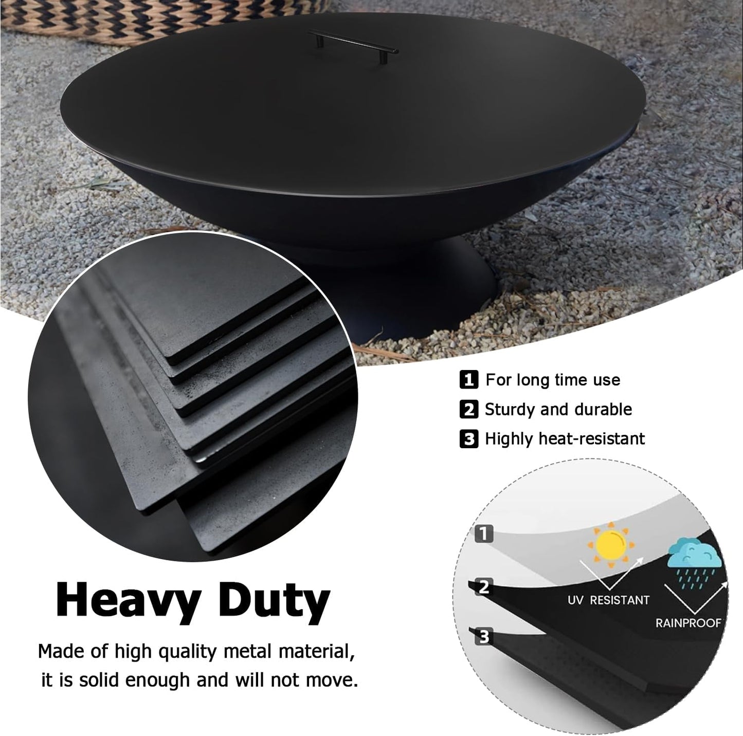 34' Fire Pit Lid/Cover, Round Heat Resistant Flat Burner Pan Cover NOTE: this cover is a bit warped, but still useable. Item already discounted