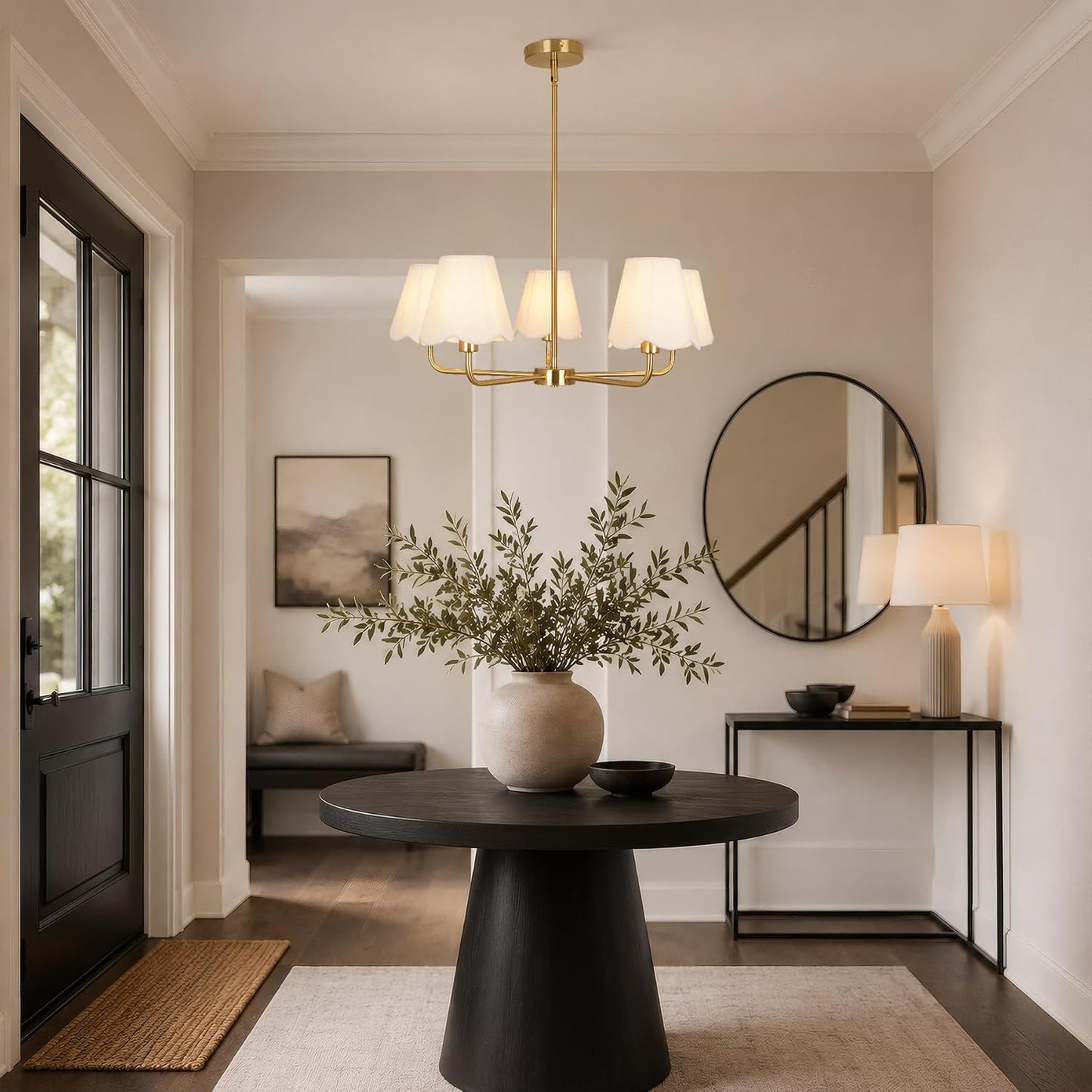 Fandian Brass Gold Chandeliers for Dining Room, 5 Light Antique Modern Chandelier Light Fixture with White Fabric Shade, Classic Kitchen Pendant Lights Over Table for Living Room Bedroom Foyer