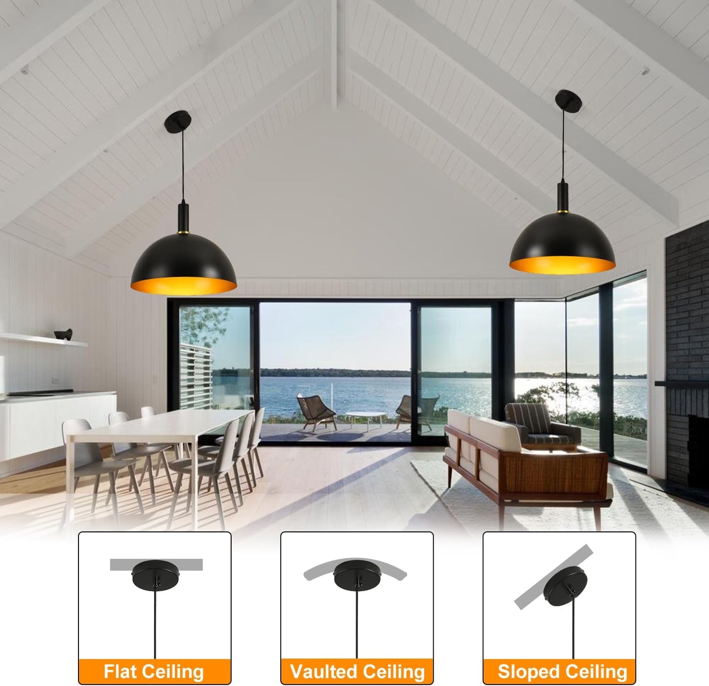 GRUSTRUST 17.72'' Large Black Pendant Light Kitchen Island Industrial Black and Gold Dome Pendant Light Modern Farmhouse Hanging Vintage