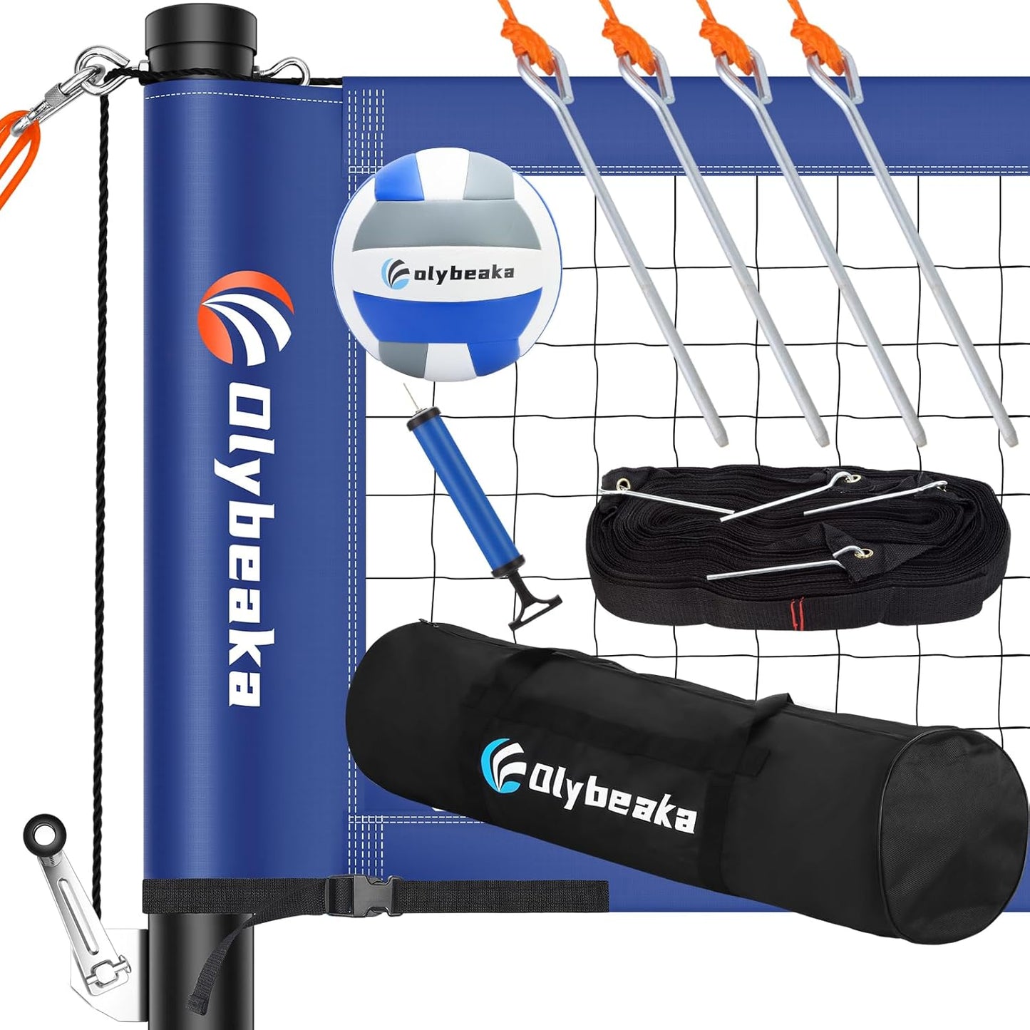Olybeaka Portable Volleyball Net Outdoor for Backyard Beach Heavy Duty Volleyball Net Set System with 2" Adjustable Height Aluminum Poles, PU