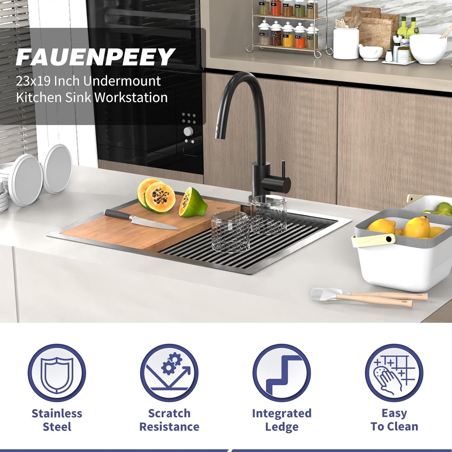 Black Kitchen Sink Workstation, 23'x19' Stainless Steel Undermount Single Bowl Kitchen Sink Built-in Ledge Drop