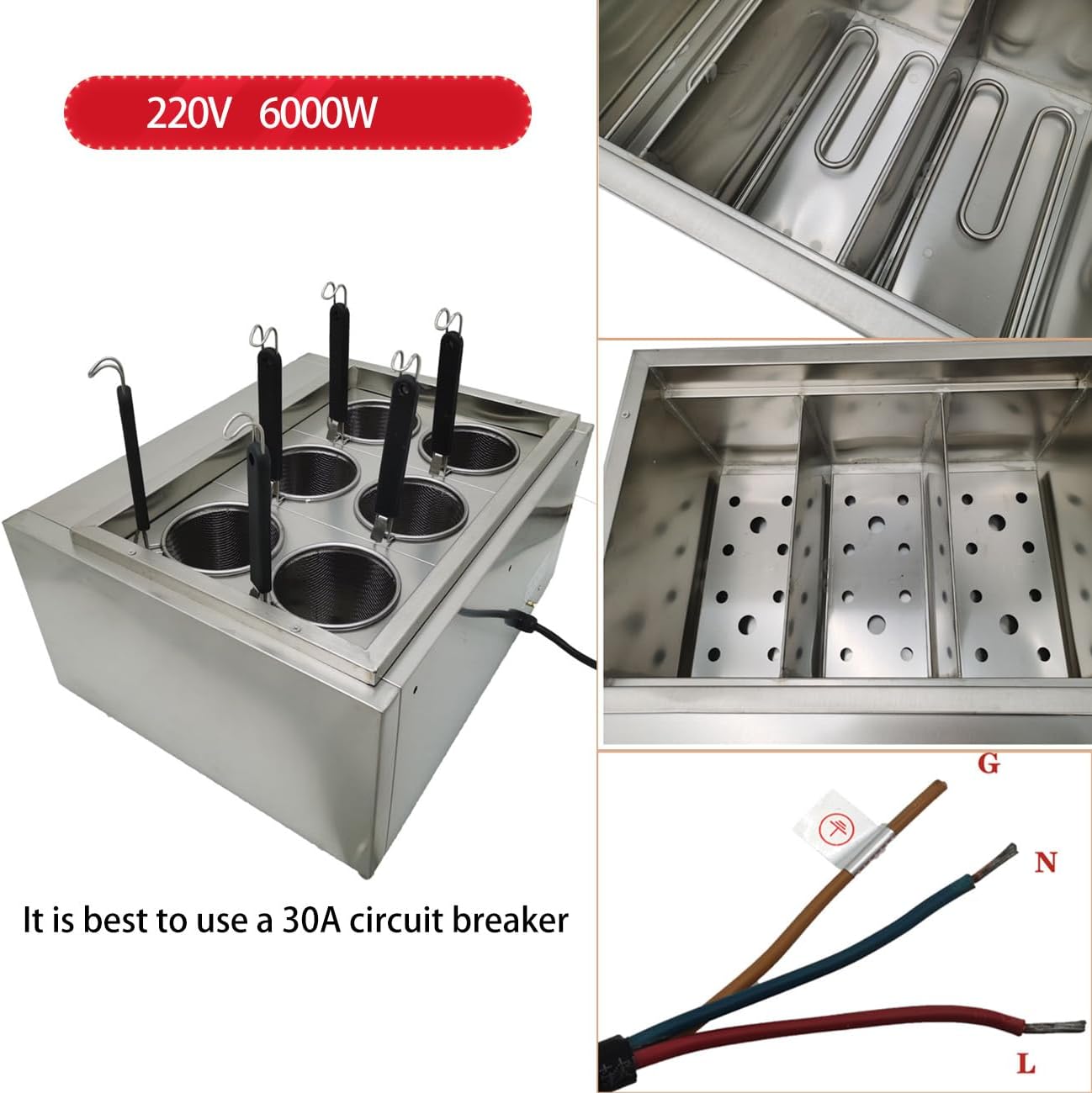 PreAsion 220V Commercial Pasta Cooker with 6 Noodle Filter Electric Pasta Cooking Machine Multifunctional Pasta Warmer Noodles Cooker 6KW for Cooking