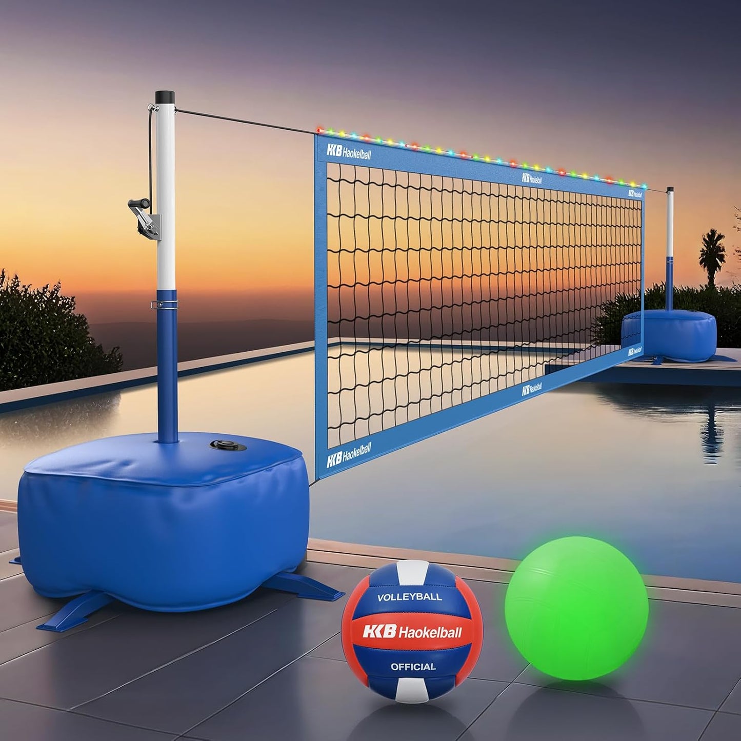 Pool Volleyball Net Set with Adjustable 15ft-32ft Length & Height, LED Lights, 2 Volleyballs (1 glows in the dark)