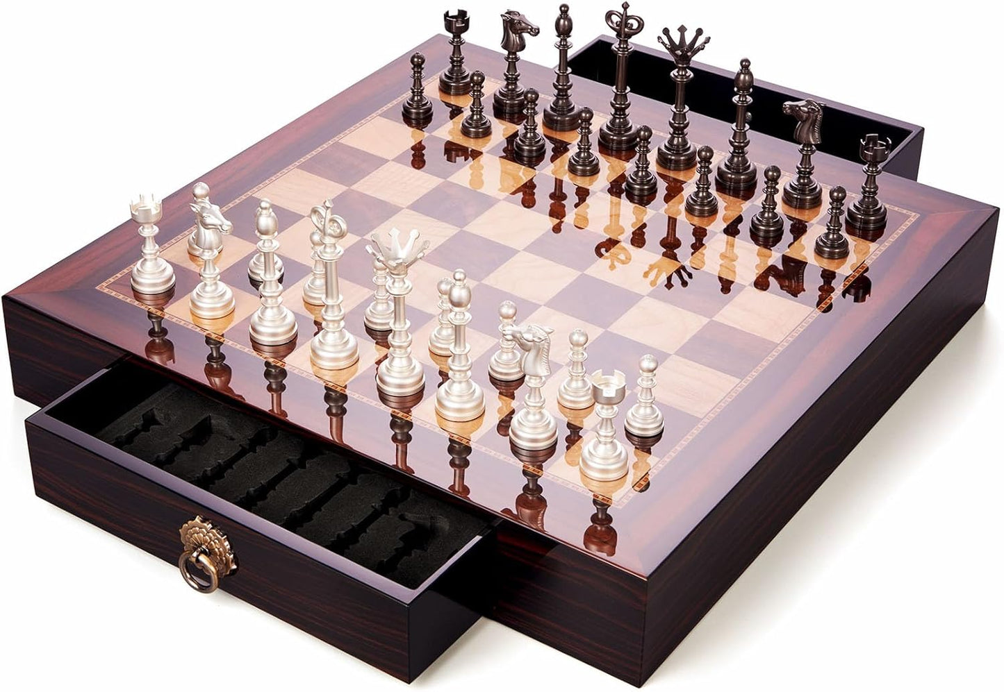 AMEROUS 19.6 Inches Wooden Chess Set with Metal Chess Pieces- 4.5'' King - 2 Built-in Storage Drawers - Gift Packaging,Tournament Chess Board Games