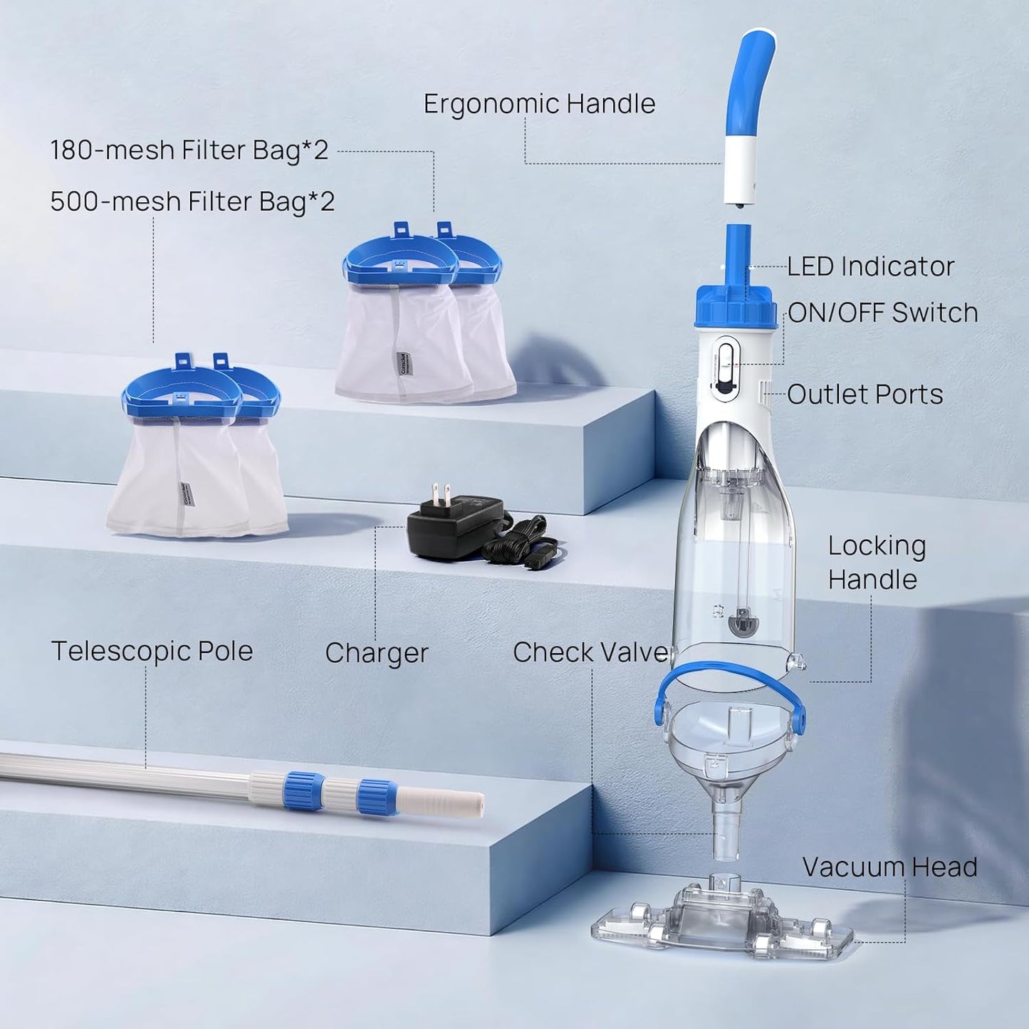 Handheld Pool Vacuum for Above Ground & Inground Pools, Consciot Cordless Rechargeable Pool Cleaner with 1110 GPH Suction, Telescopic Pole up to 87.5", 1H Runtime, See-Through Head for Spas & More Blue