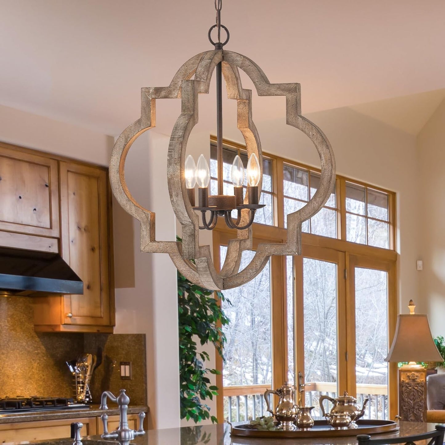 22" Modern Farmhouse Chandelier for Dining Room,Orb Wood Kitchen Chandeliers Over Table,4-Light Rustic Chandelier,Oak Vintage Chandelier for Kitch