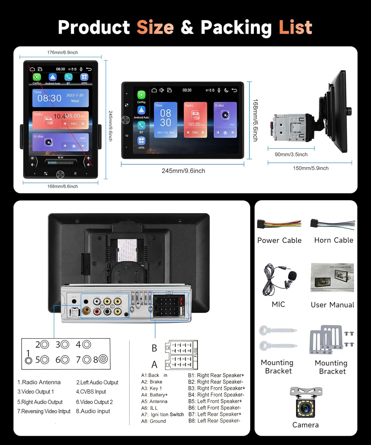 MAHVEC 10.4'' Single Din Car Stereo with Wireless CarPlay Android Auto, HD Rotation Touchscreen Radio with Bluetooth, USB, Mirror Link, SWC, Car Play, FM/RDS Radio, Backup Camera