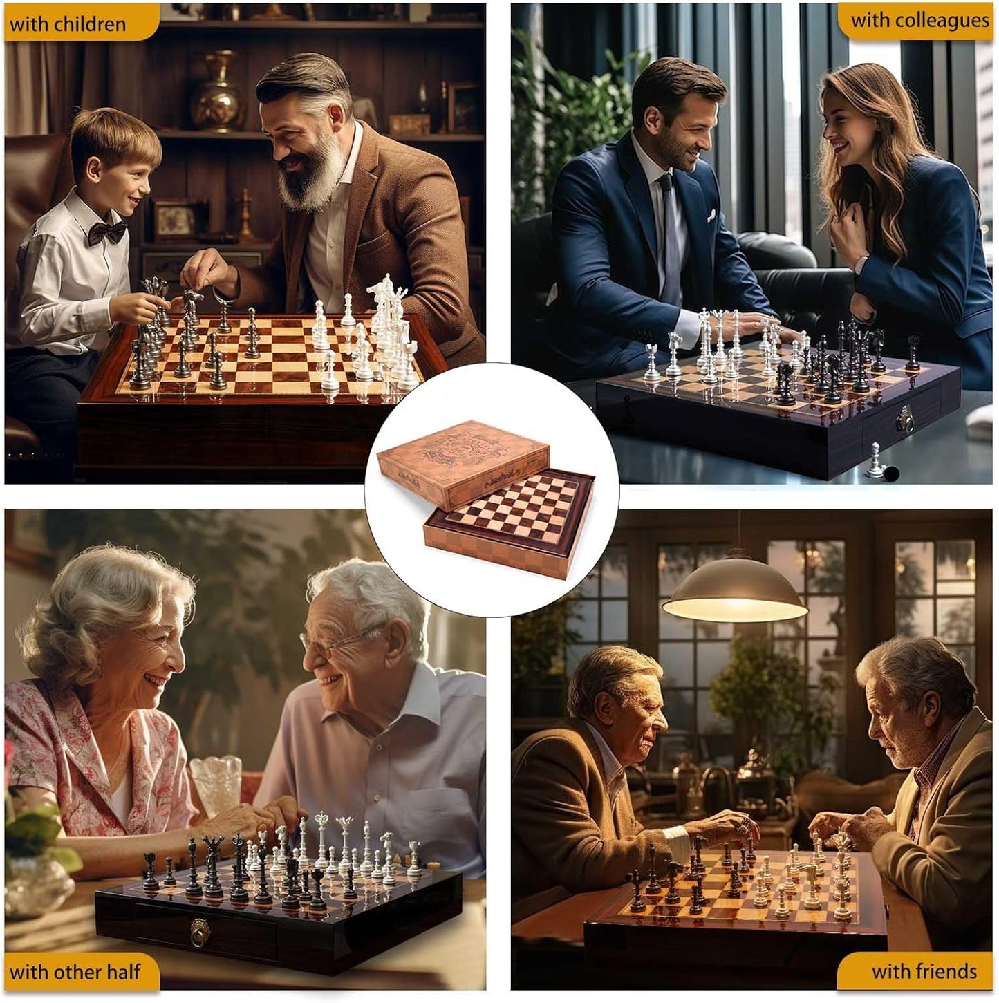 AMEROUS 19.6 Inches Wooden Chess Set with Metal Chess Pieces- 4.5'' King - 2 Built-in Storage Drawers - Gift Packaging,Tournament Chess Board Games