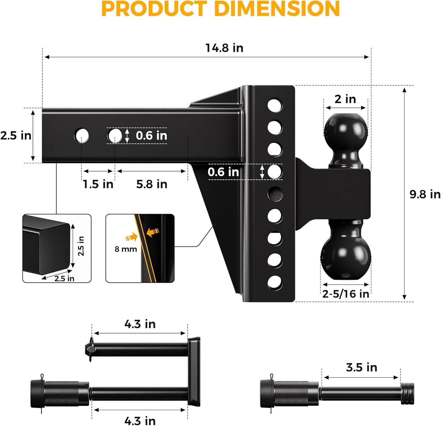 CAMMOO Adjustable Trailer Hitch, Tow Hitch with 2.5 inch Receiver, 6 inch Rise/Drop Hitch, 2" and 2-5/16" Ball Hitch, 22000 LBS GTW Truck Hitch with U-Shaped Alloy Steel Anti-Theft Pin, Black