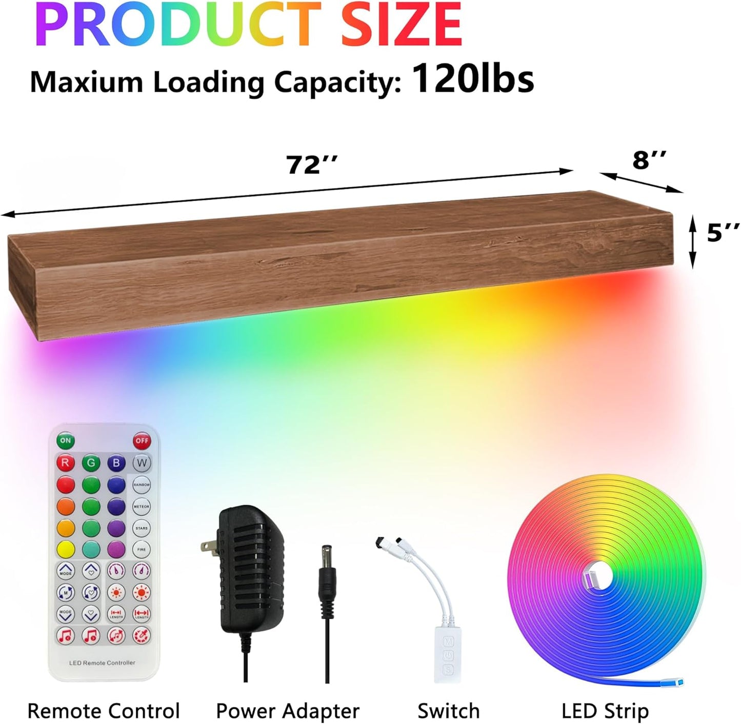 koretech Fireplace Mantel 48'/60'/72' with LED Lights, Solid Rustic Wood Floating Farmhouse Shelf Handcrafted