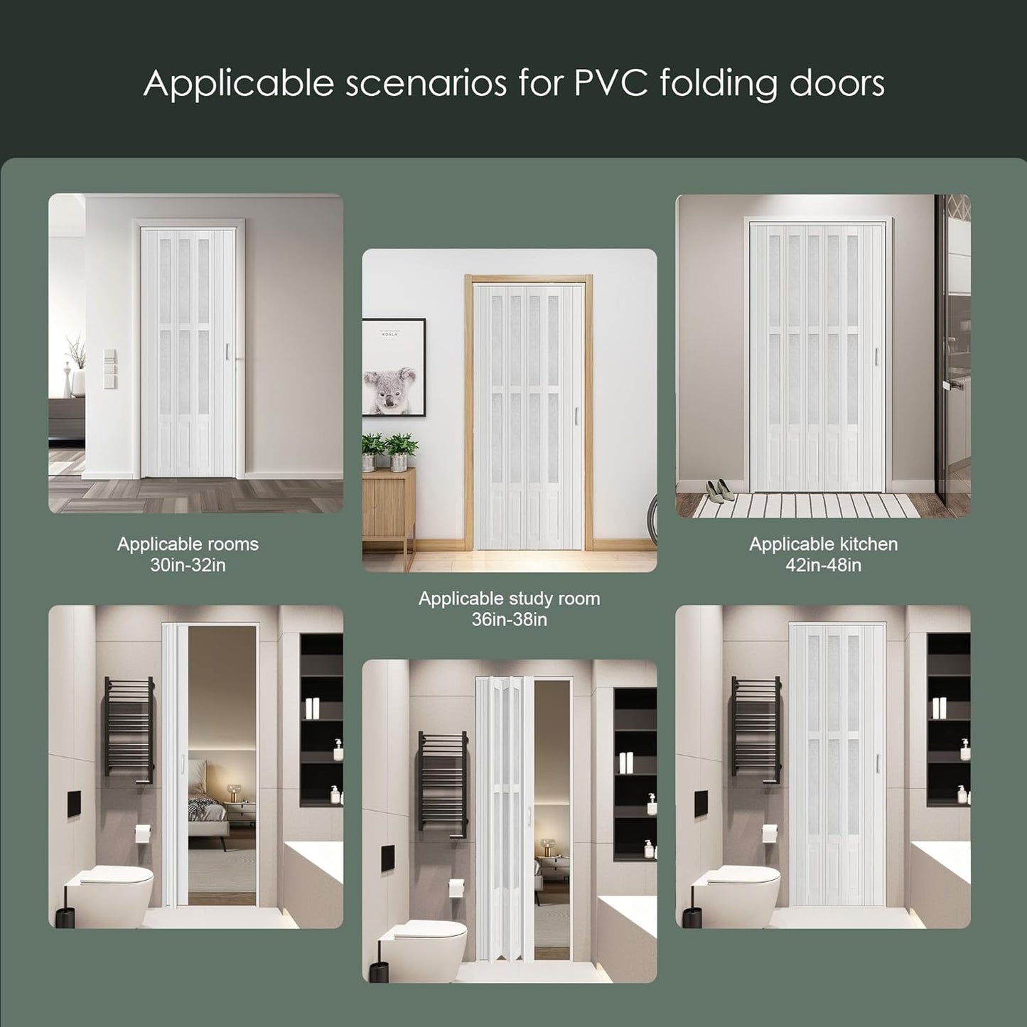 30X80in White Accordion Door with Frosted Acrylic Glass,PVC Folding Closet Door