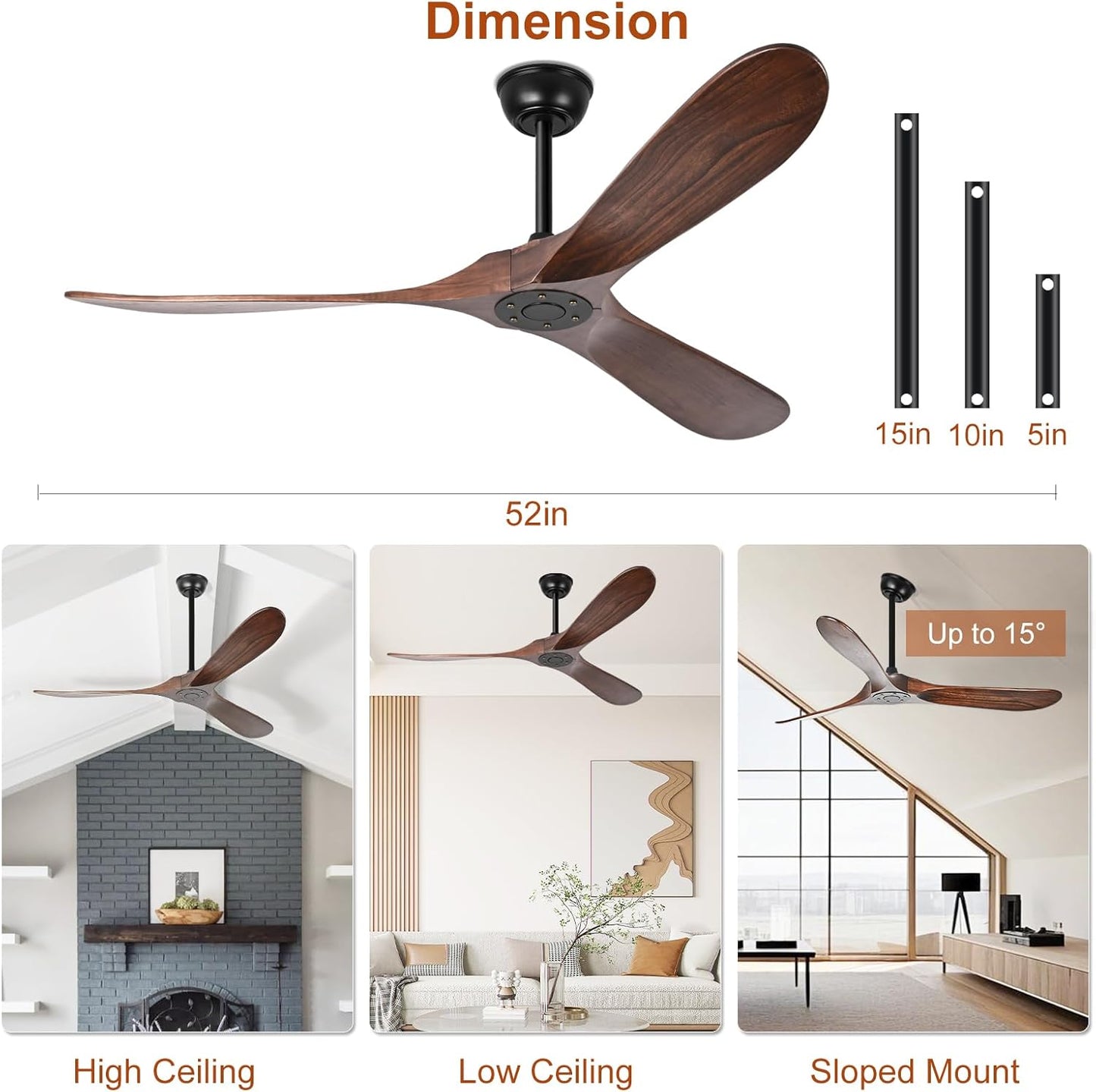 52 Inch Ceiling Fan No Light, Wood Indoor Outdoor Ceiling Fans Without Lights
