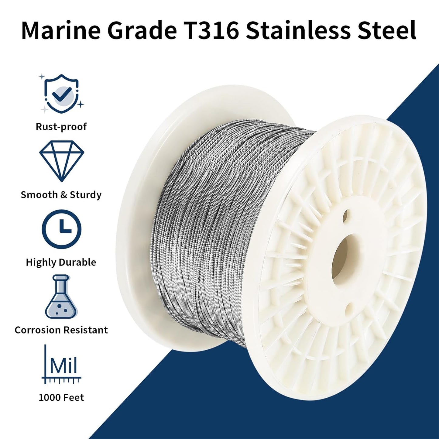 1000FT 3/64'' T316 Stainless Steel Cable, Marine Grade Decking Stairs Braided Steel Cable, 7 x 7 Strands Construction,Comes with Wire Cutter