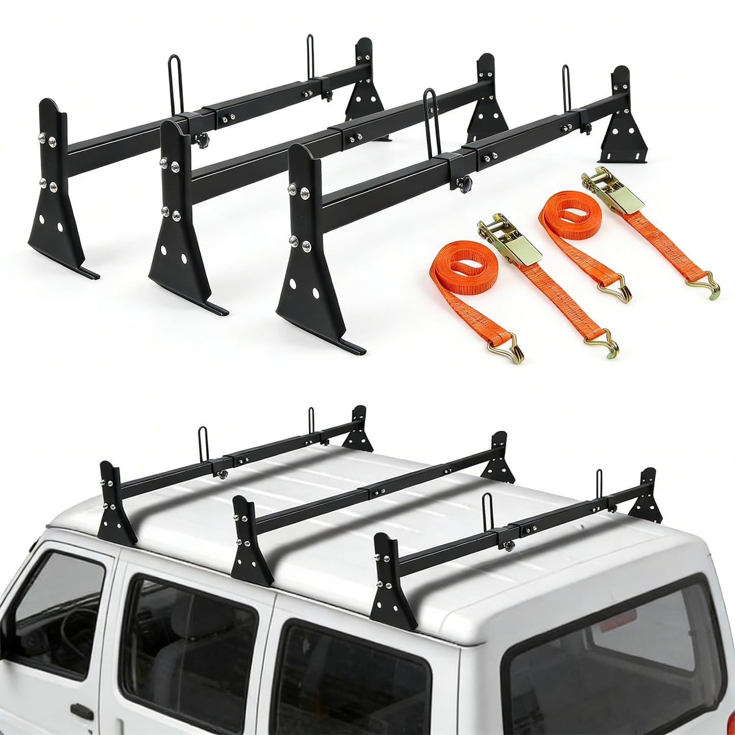 Adjustable 57-65 Roof Ladder Rack for Van, 3 Bar Set, 850 LBS Capacity, Black Steel, Fits Chevy Express 1500 2500 3500, for 1996-2026 Cargo Vans