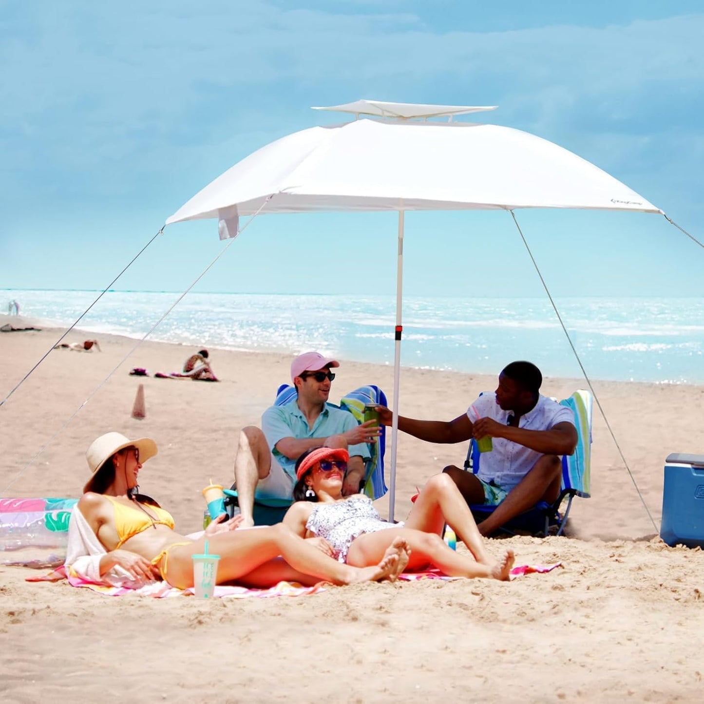2-in-1 Beach Umbrella and Beach Shade Canopy, 6x6 FT Beach Tent Sun Shelter with Stability Poles, Carrying Bag