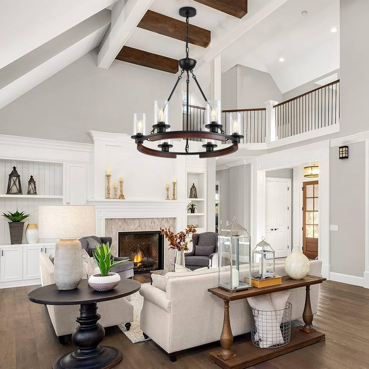 28 Inch Wagon Wheel Chandelier, 6-Light Round Farmhouse Chandeliers Wood Large Dining Room Pendant Light Fixture with