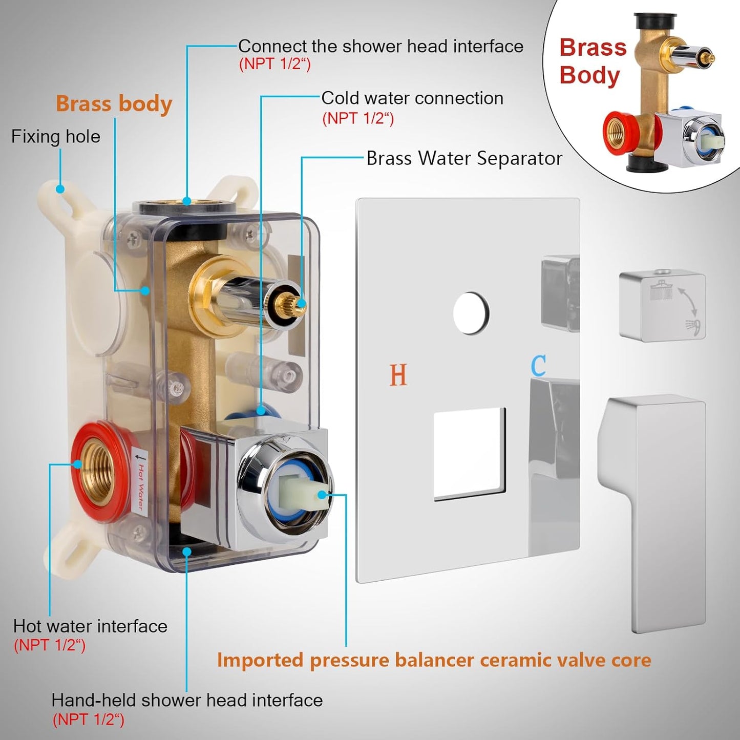 Baetuy Shower Faucet Set, 16 Inch Rainfall Shower System With full metal hand shower and square fixed shower Wall Mounted Shower Fixtures Polished