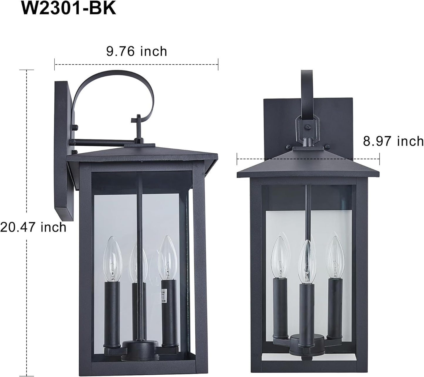 3-Light 9 inches Wide 20.5 inches High Large Wall Lantern Light with Black Finish and Clear Glass (slight ding to left back top of frame, barely
