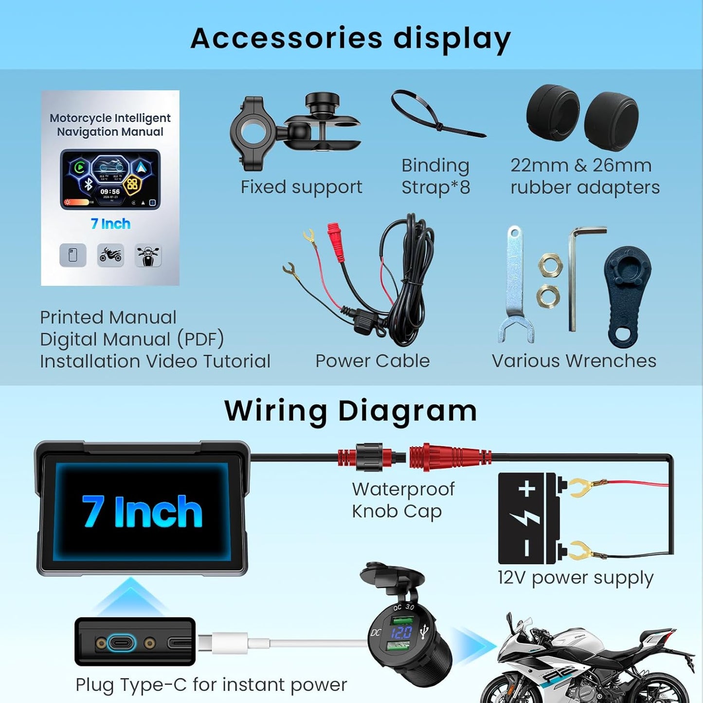 7” Motorcycle CarPlay & Android Auto Display Portable Touch Screen, Support GPS Navigation Siri & Google Assistant, Bluetooth 5.2/ Voice Control/ IP67K Waterproof Anti-Glare Design