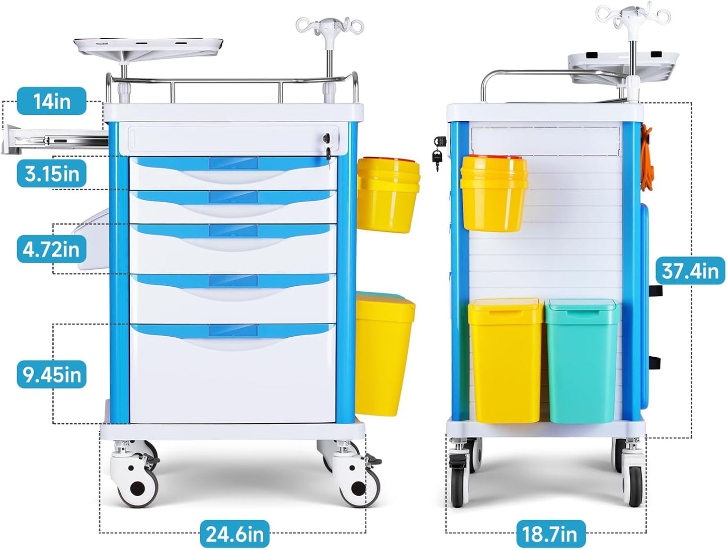 Crash Cart Medical ABS Material, Medical Cart with Drawers, Adjustable IV Pole, Silent Casters, Trash Bins, O2 Holder, Needle Disposal Holder, CPR Board, Nursing Cart for Hospital Clinic 5 Drawers