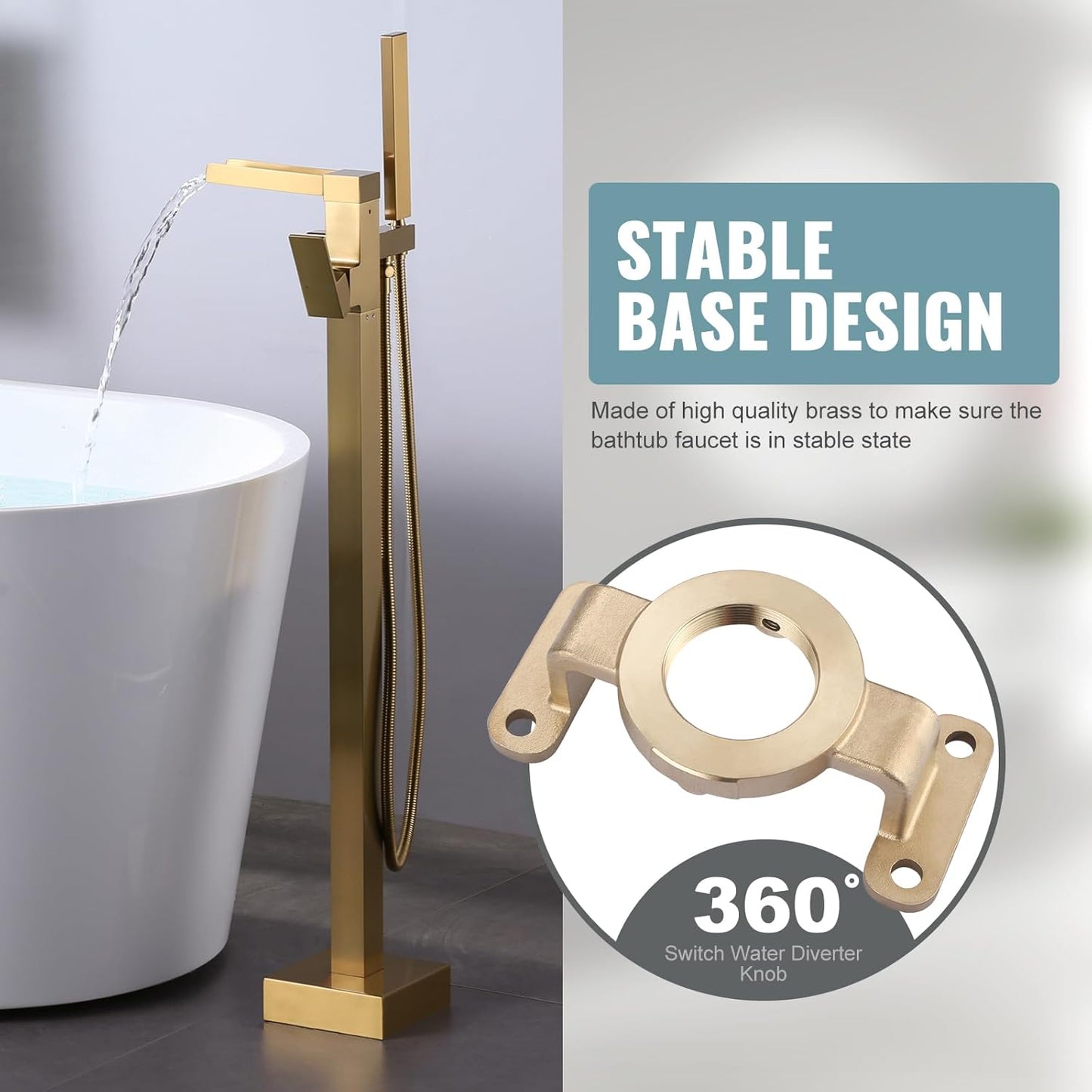 Freestanding Tub Faucet Brushed Gold: ALEASHA Free Standing Tub Filler, High Flow Max 6.74 GPM, Brass Made Floor Mount Bathtub Faucet with Handheld