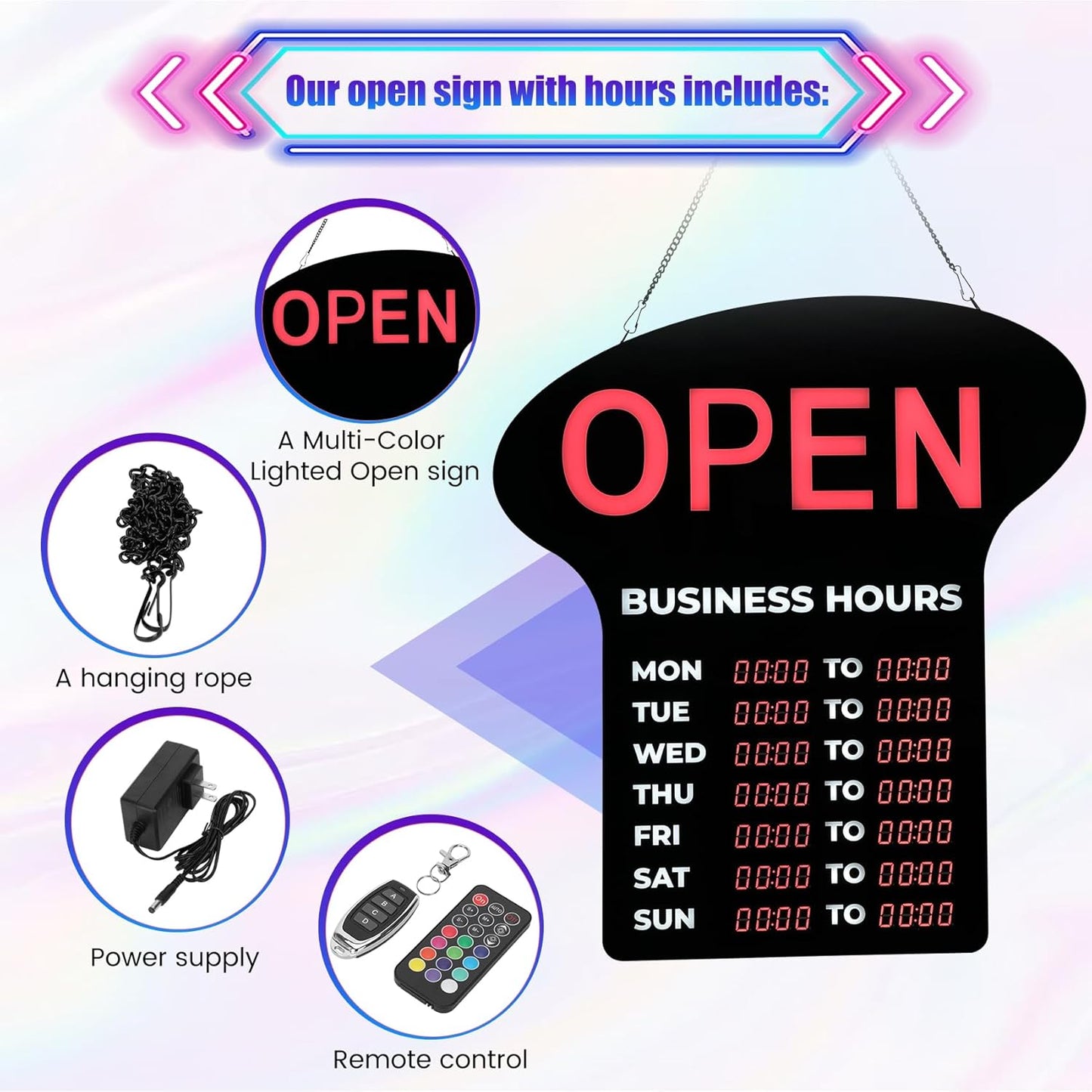 Open Sign with Hours, Multi-Colour LED Open Sign for Business Hours