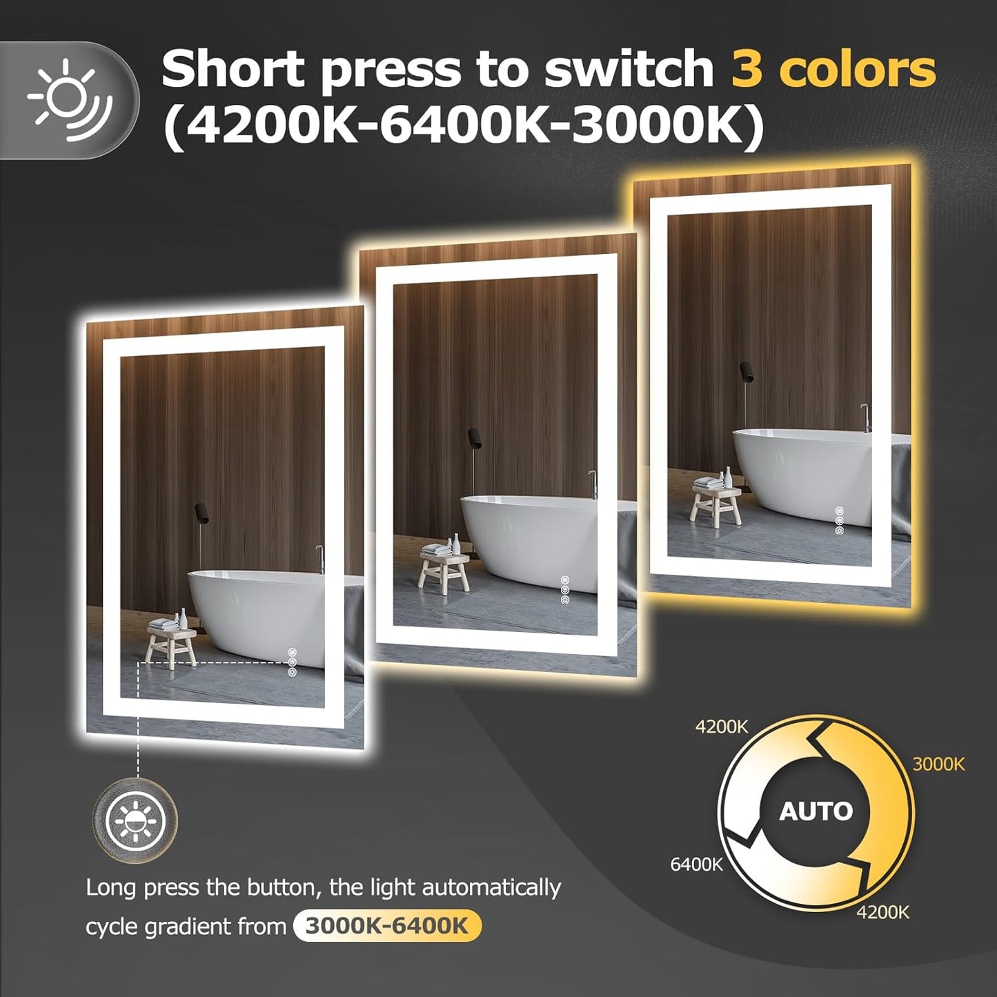 Hivone LED Bathroom Mirror with Lights 24"x 36" Wall Vanity LED Mirror Stepless Dimmable,Double Front and Backlight,Anti-Fog,Memory Smart
