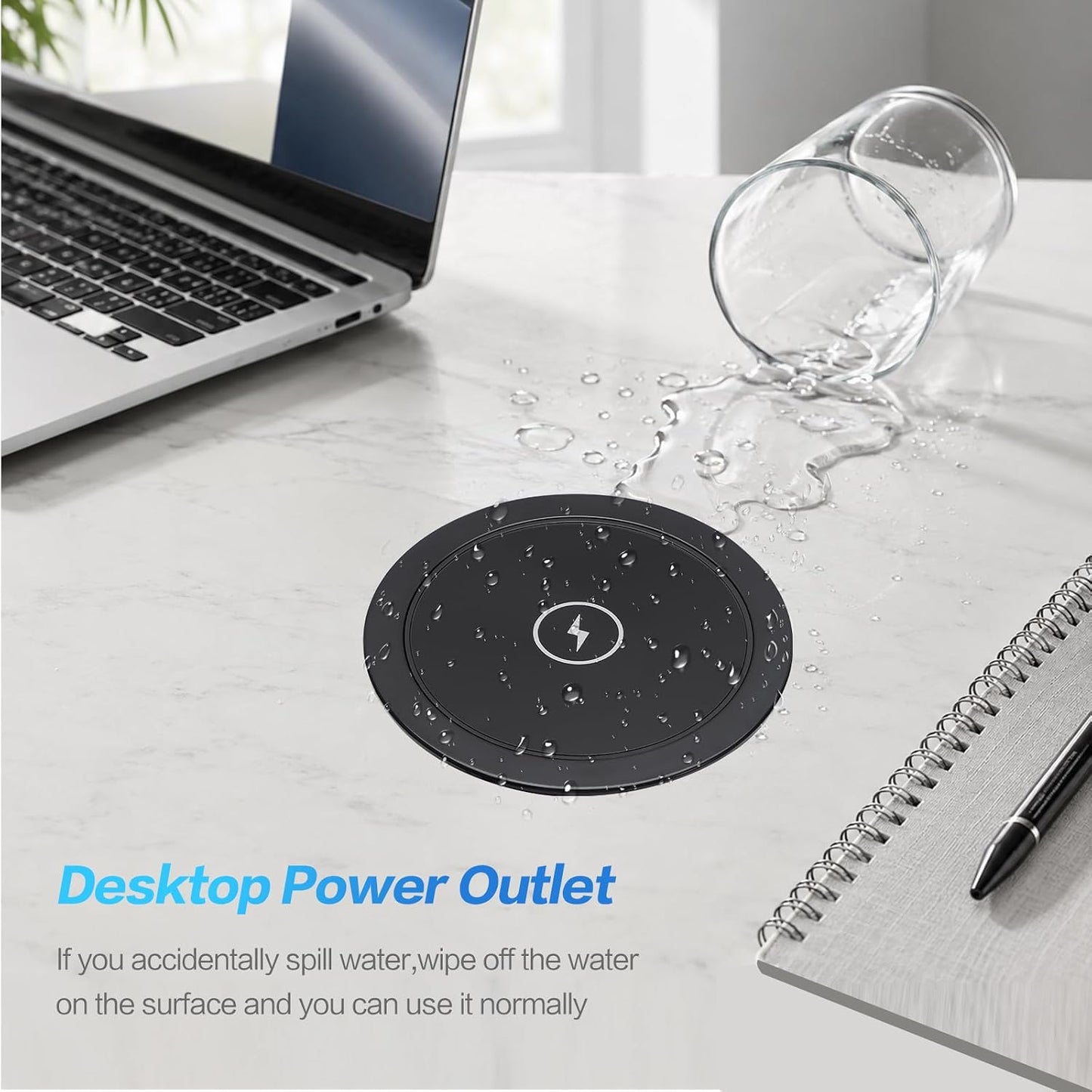 Pop Up Outlet with 15W Wireless Charger, 4 AC Outlets 1875W PD 30W Supercharging 2 USB-C Ports USB-A Ports, 3.35" Hole Desktop Power Grommet for Home Office (Black) 3.35-inch hole-black