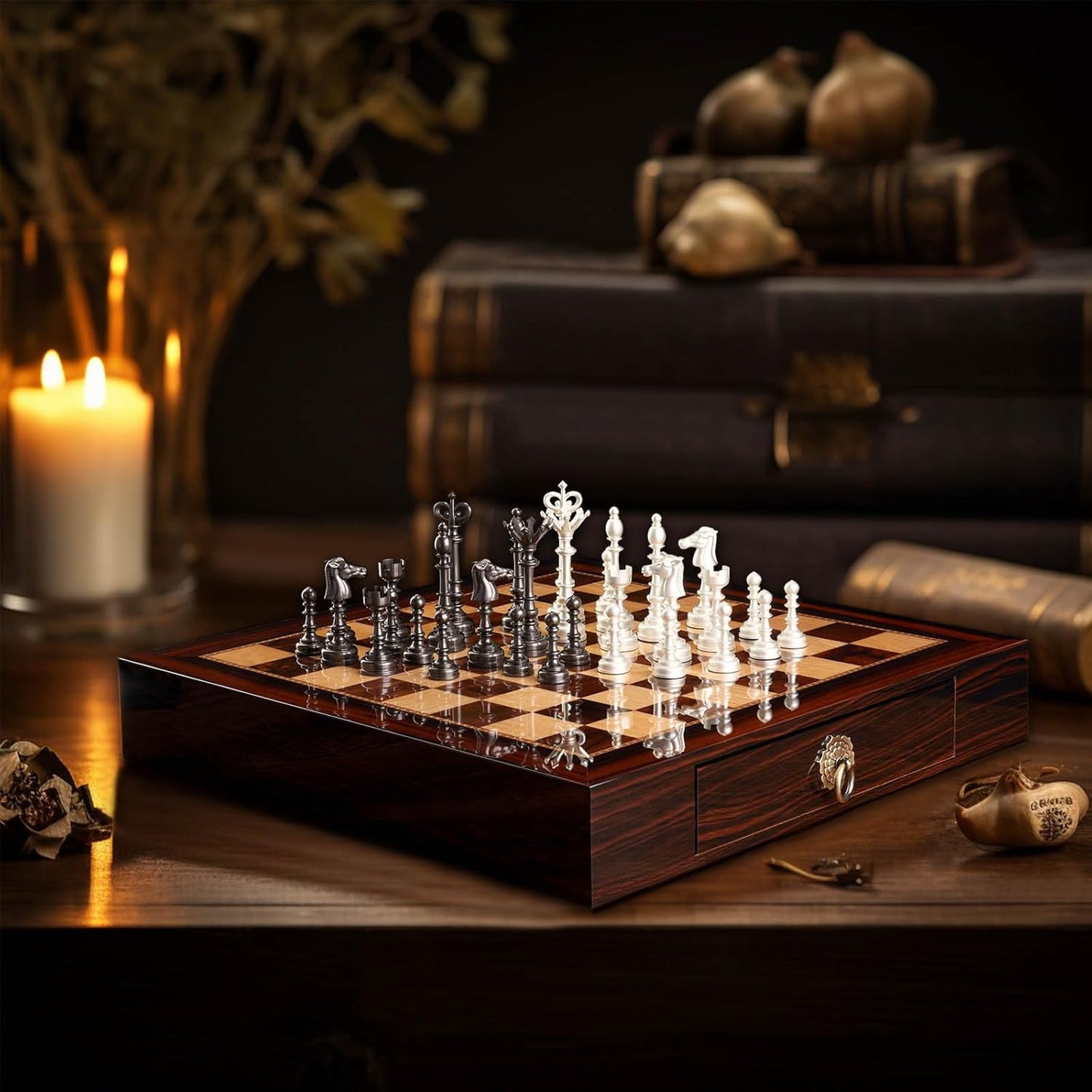 AMEROUS 19.6 Inches Wooden Chess Set with Metal Chess Pieces- 4.5'' King - 2 Built-in Storage Drawers - Gift Packaging,Tournament Chess Board Games