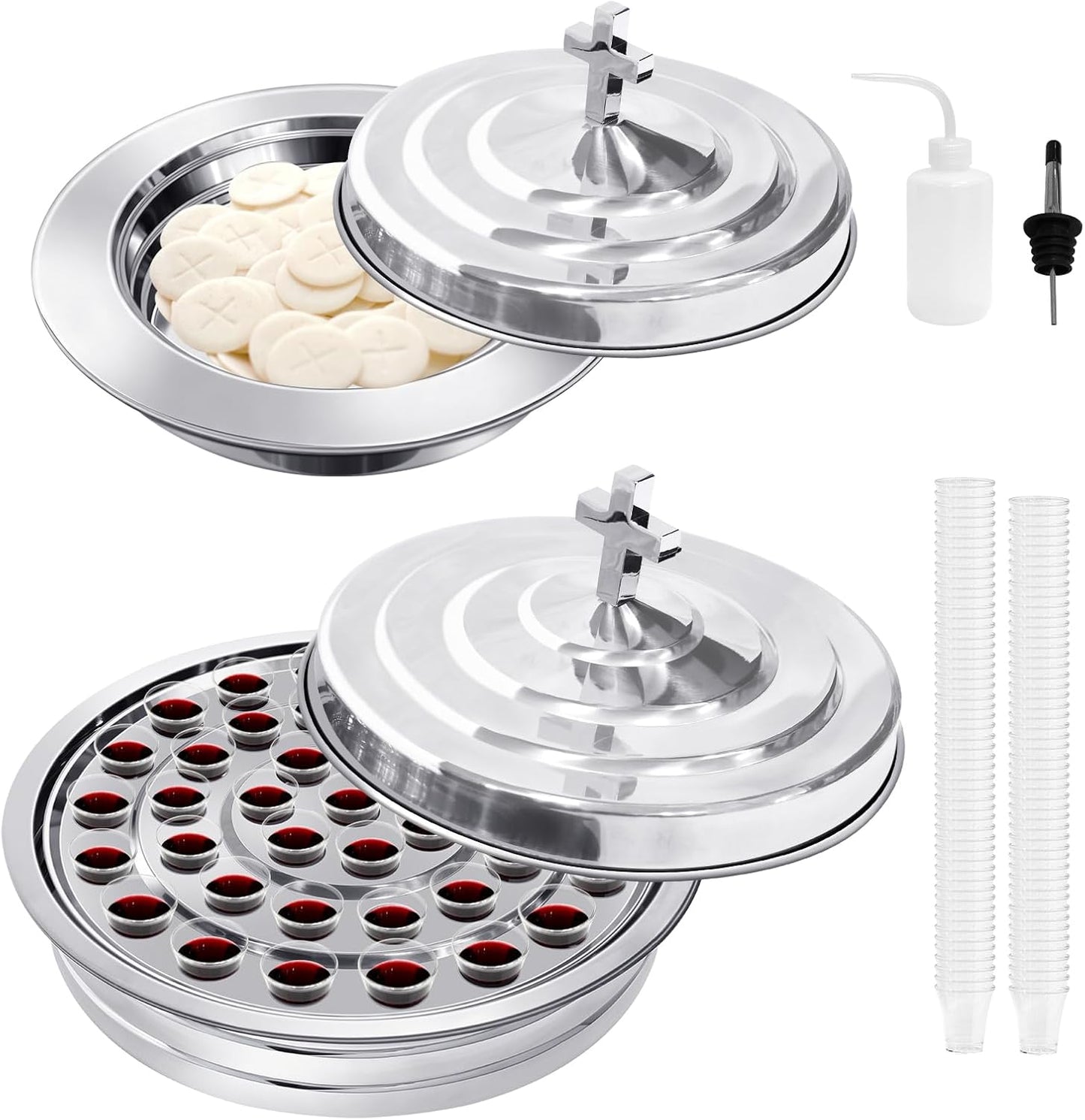 Communion Set Holy Trays,2Pcs Stainless Steel Communion Trays,Dining Set with Squeeze Bottle & Liquid Dispenser, Includes 100 Disposable Cups,for Church Service