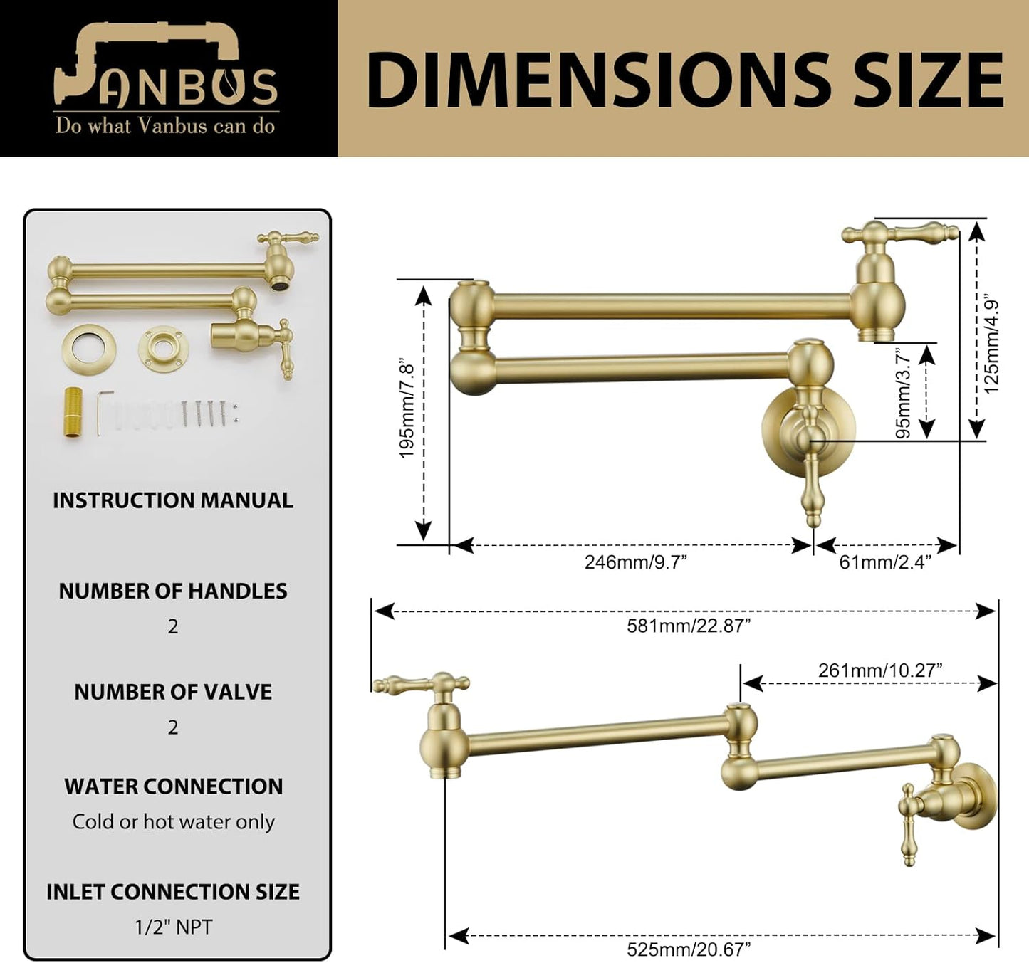 Kitchen Pot Filler Faucet, Dual Valve Wall Mount Pot Filler Faucet, Potfiller, Two Handles Strechable Double Joint Swing Arms