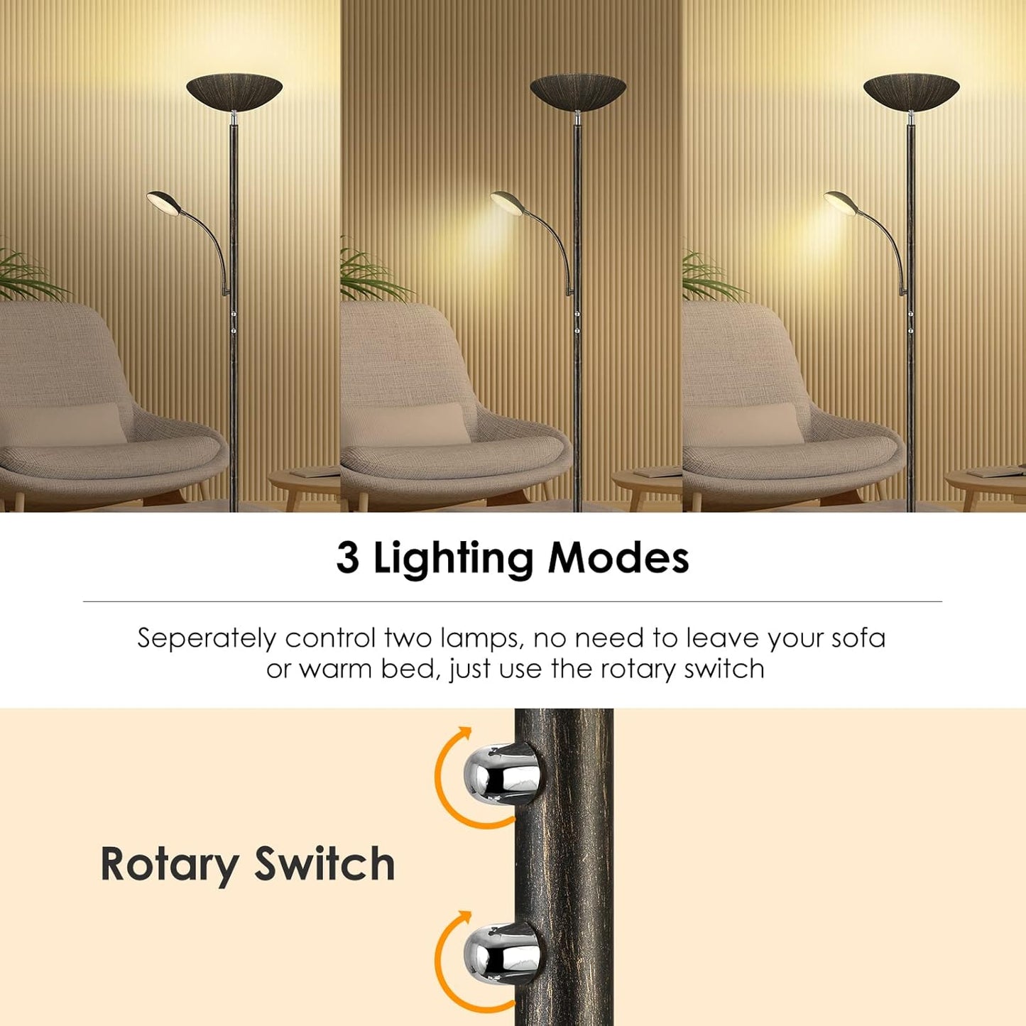 Floor Lamp, LED 20W/2000LM Bright Torchiere Floor Lamp with 5W Adjustable Reading Lamp, Stepless Dimmable Standing Lamp, 2 Rotary Switch, Modern